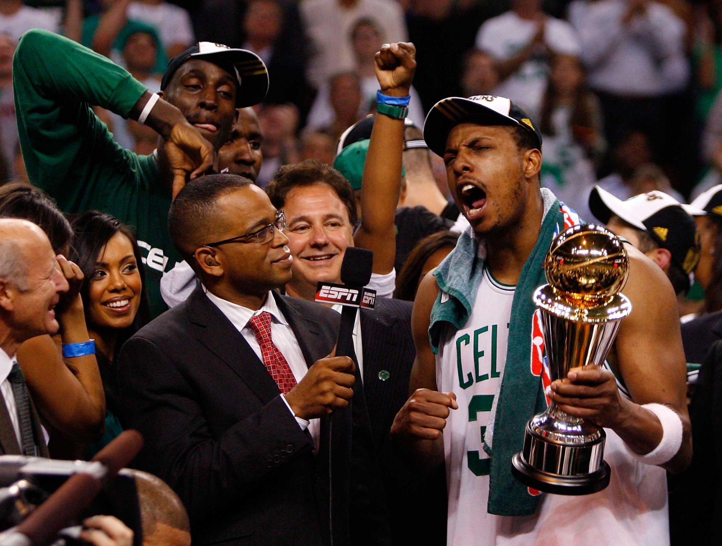 Paul Pierce of the Boston Celtics is interviewed by Stuart Scott at the end of Game Six of the 2008 NBA Finals against the Los Angeles Lakers on June 17, 2008 at TD Banknorth Garden in Boston.