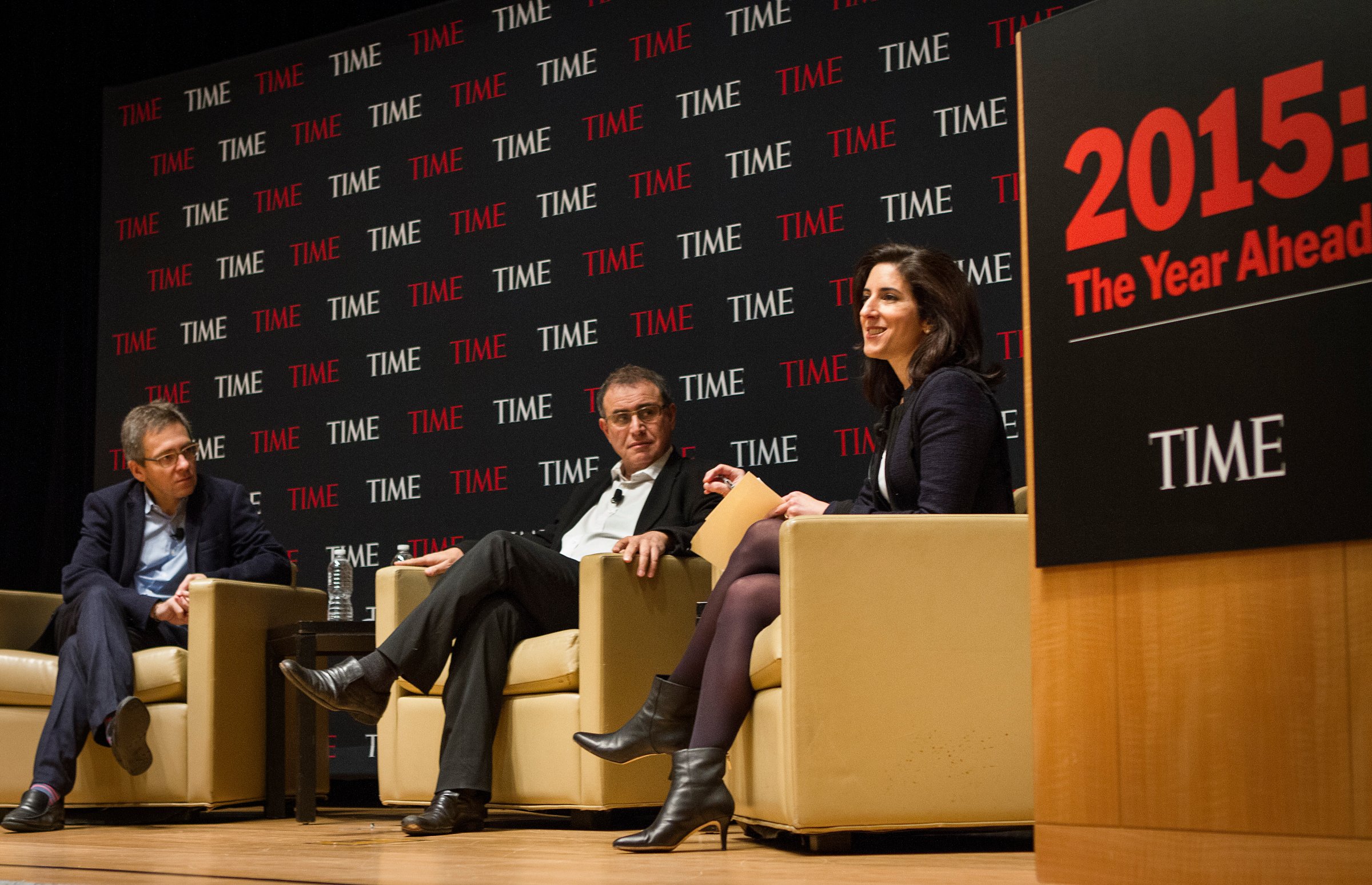 From Left: Ian Bremmer President and Founder of Eurasia Group, Nouriel Roubini, Chairman and Co-Founder of Roubini Global Economics and Rana Foroohar, Assistant Managing Editor at TIME speak on global politics and the economy at the Time &amp; Life Building in New York City on Jan. 13, 2015. (Adam Glanzman for TIME)