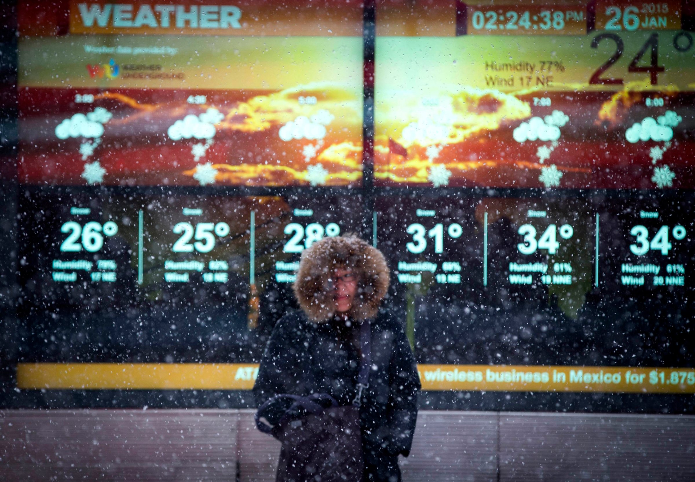A woman stands in falling snow in front of an electronic sign displaying the weather forecast in Times Square in New York