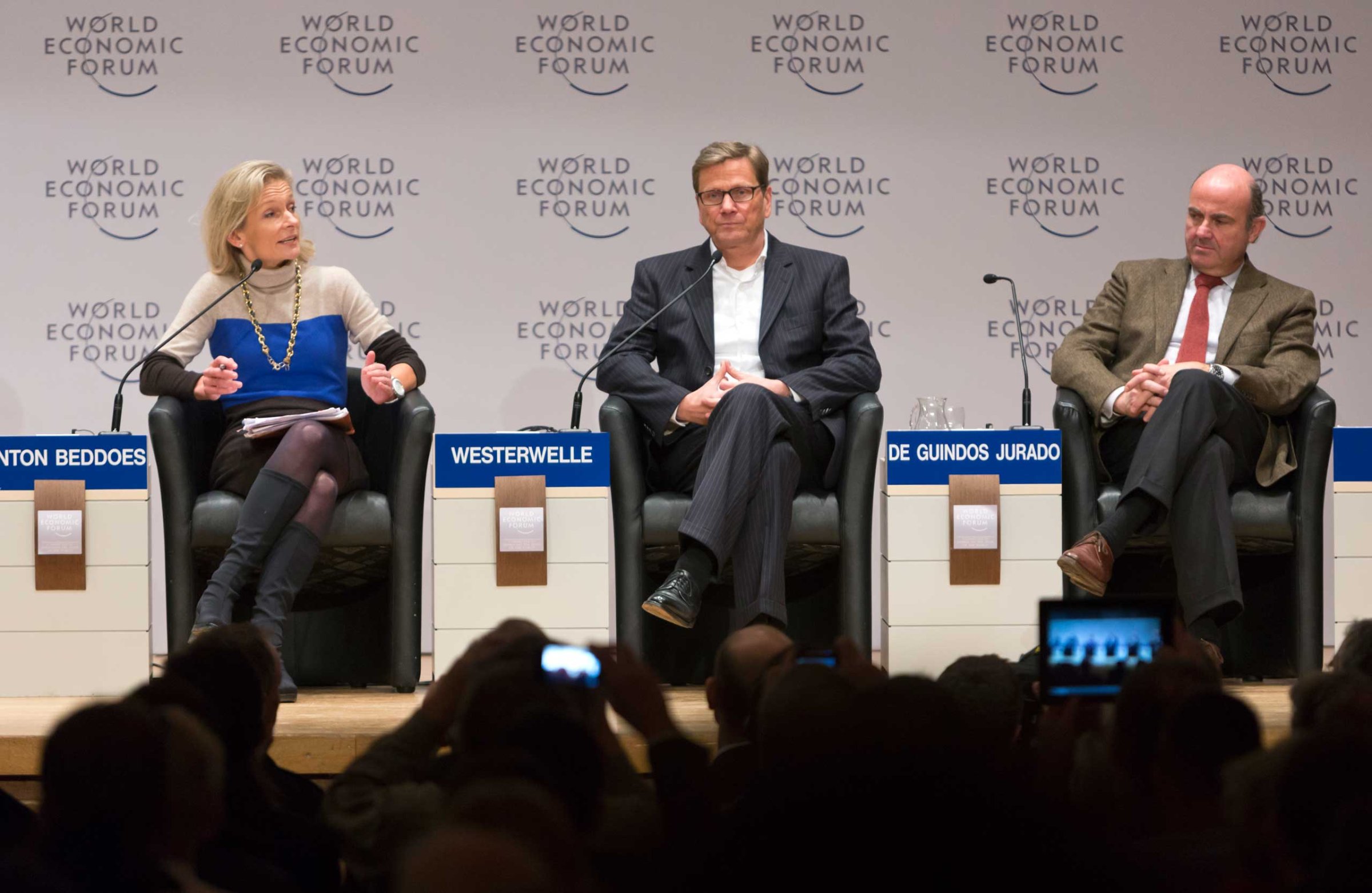German Foreign Minister Guido Westerwelle speaks during a forum session at the World Economic Forum, with Moderator Zanny Minton Beddoes and Luis de Guindos Jurado, Spanish Minister for Economy, on Jan. 25, 2013 in Davos.