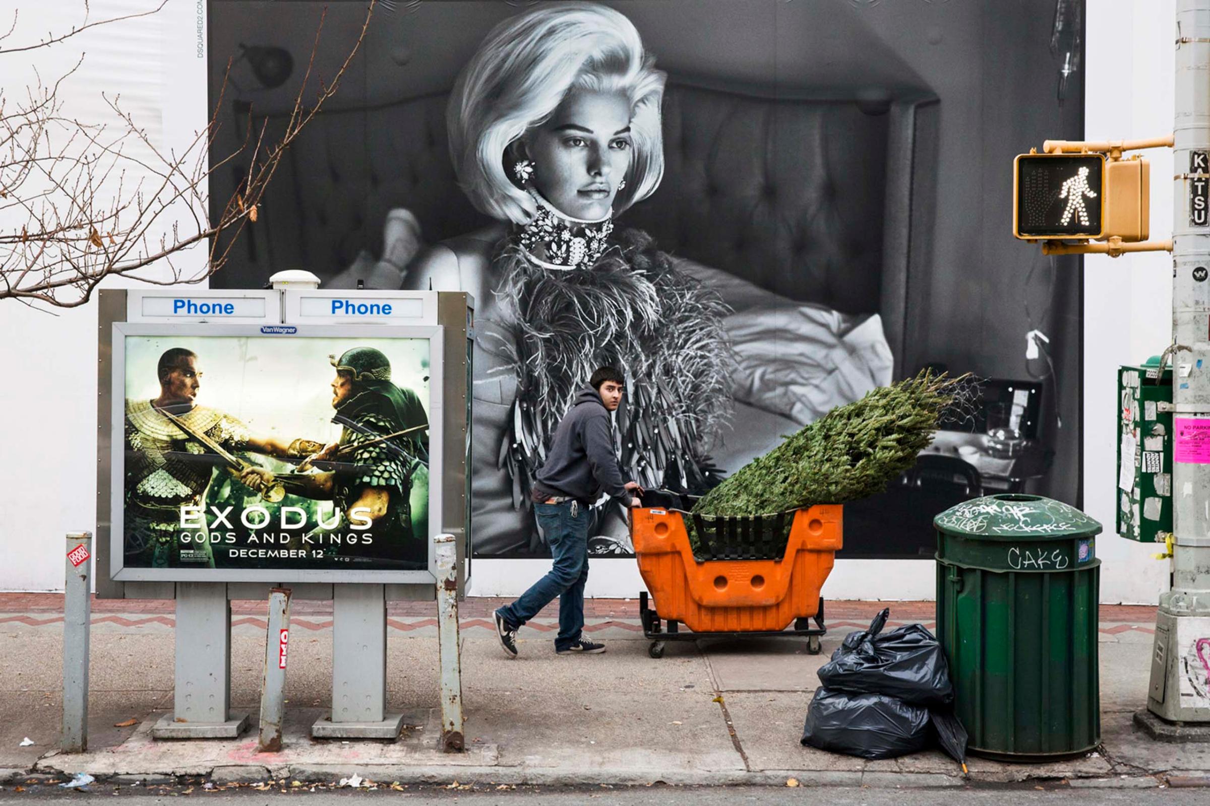 A man pushes a cart containing a wrapped Christmas Tree next to a DSquared2 billboard on West Broadway Avenue, New York, Dec. 12, 2014.
