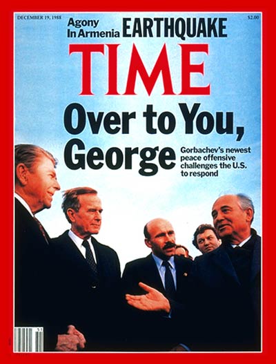 George H.W. Bush, with Ronald Reagan and Mikhail Gorbachev, on the Dec. 19, 1988, cover of TIME