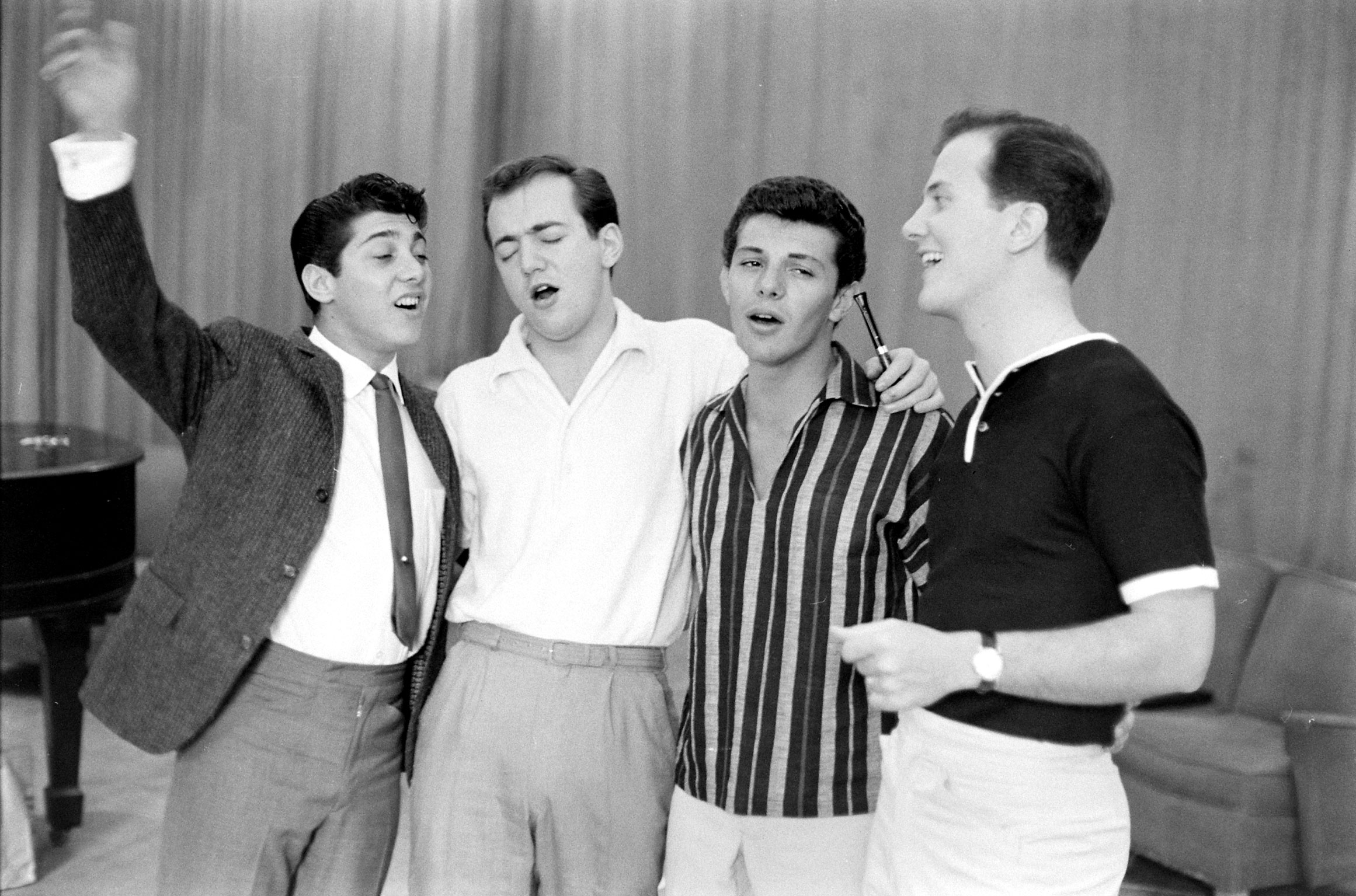 Paul Anka, Bobby Darin, Frankie Avalon and Pat Boone rehearsing, 1960.