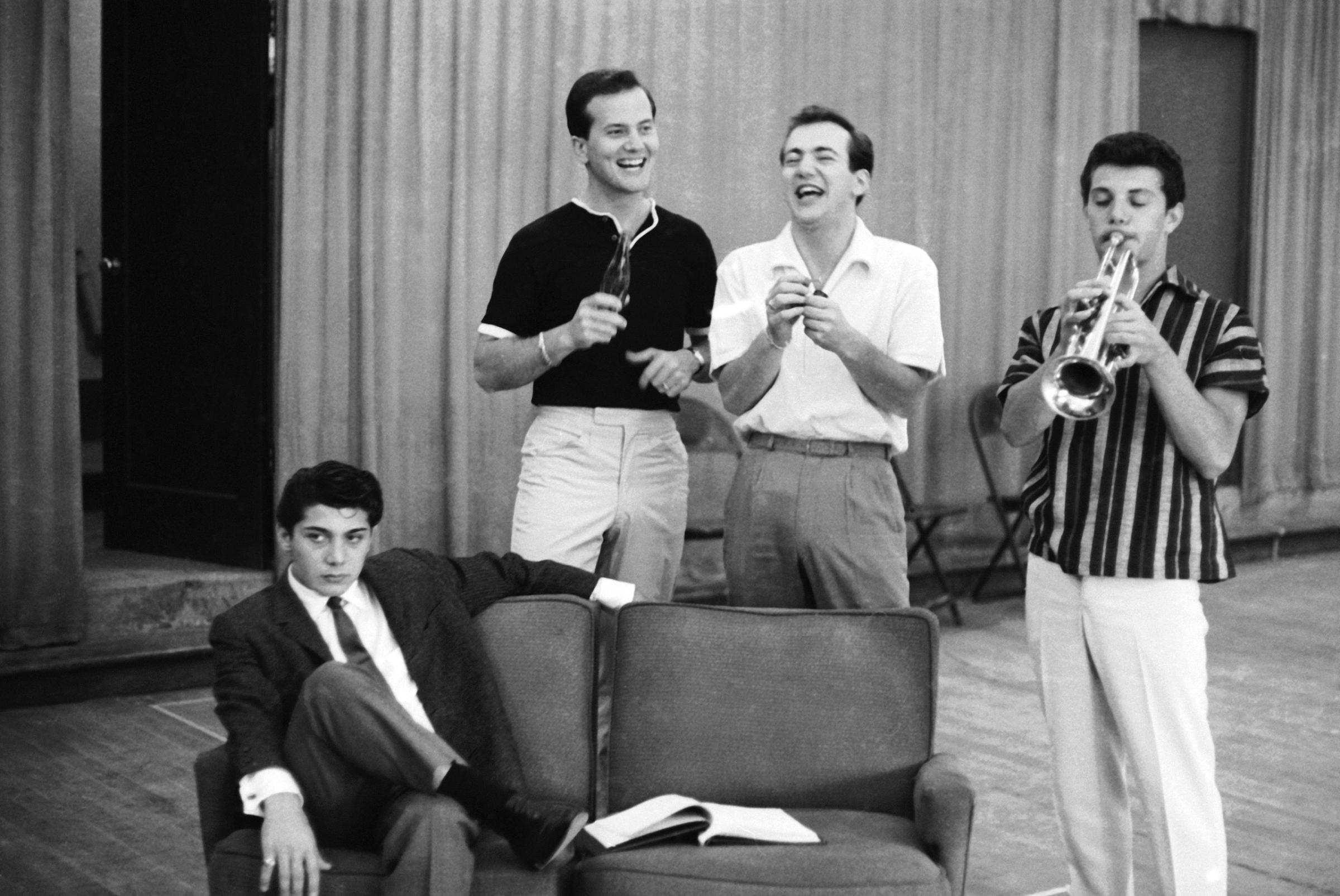 Paul Anka, Pat Boone, Bobby Darin and Frankie Avalon during a rehearsal, 1960.