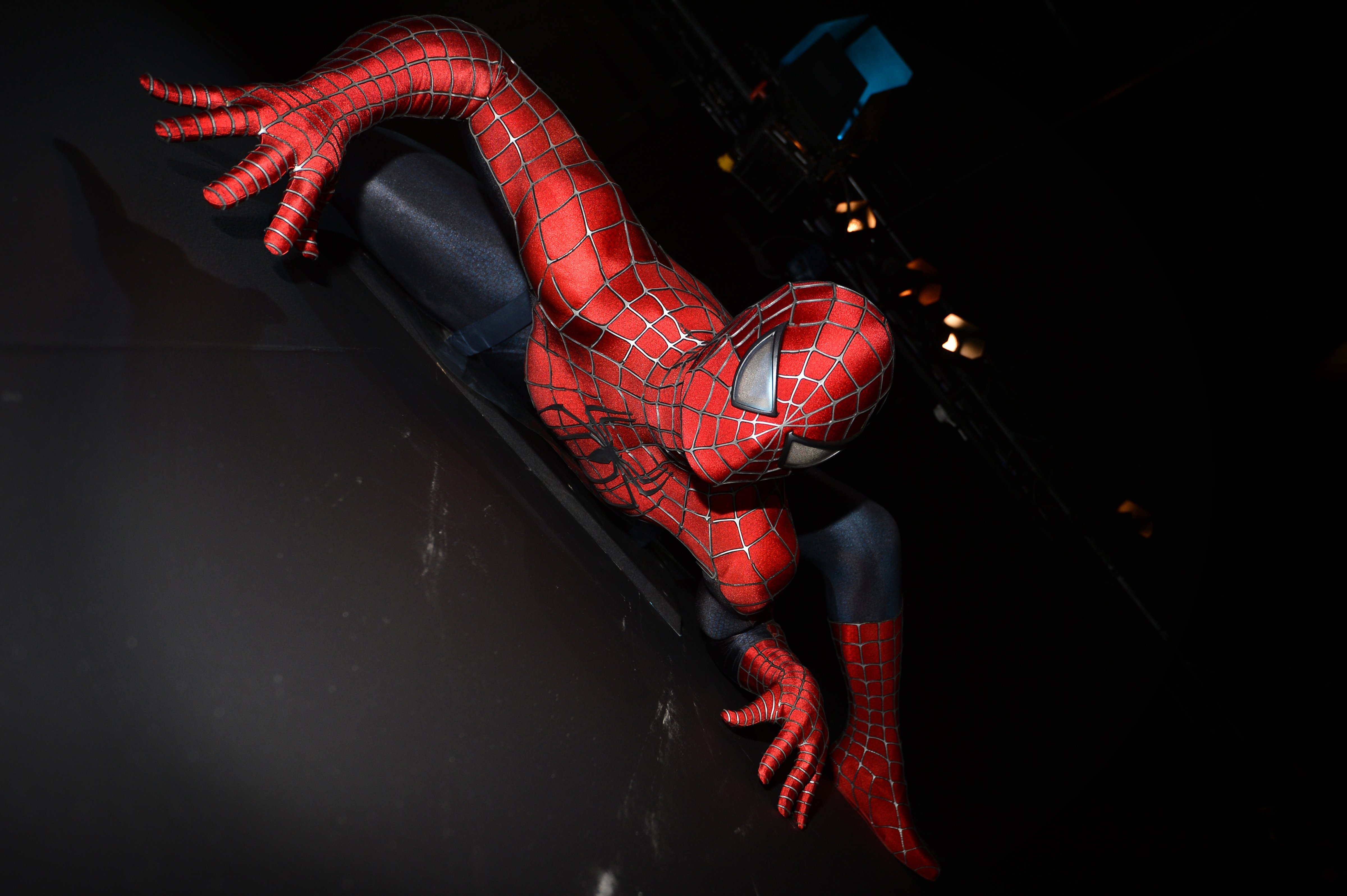 A costume worn by U.S. actor Tobey Maguire in the 2002 movie <i>Spider-Man</i> is displayed at the "Hollywood Costume" exhibition at the Victoria and Albert Museum in London on Oct. 17, 2012 (Ben Stansall—AFP/Getty Images)