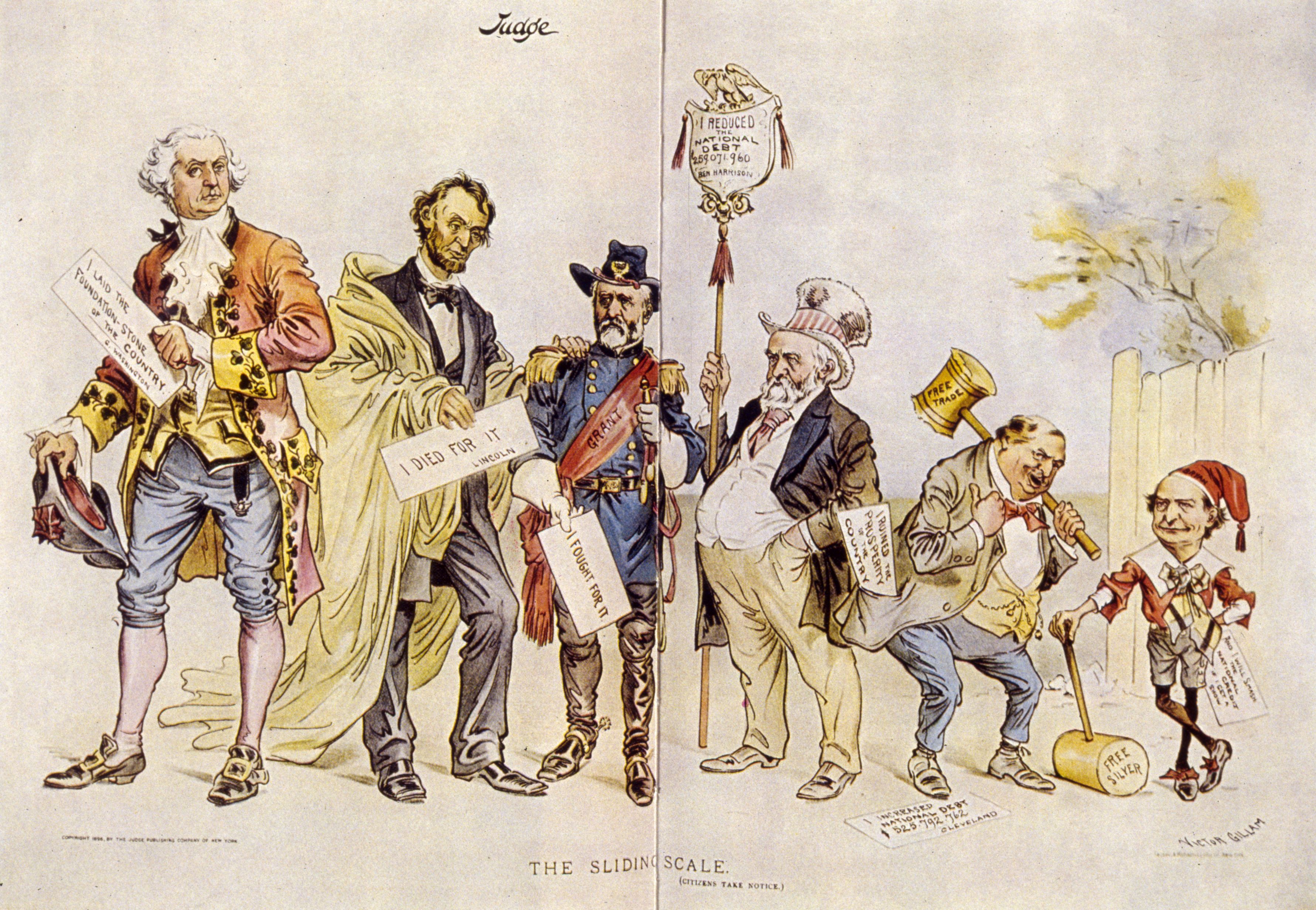 A satirical cartoon showing the sliding scale of worth of American politicians, circa 1896. (MPI—Getty Images)