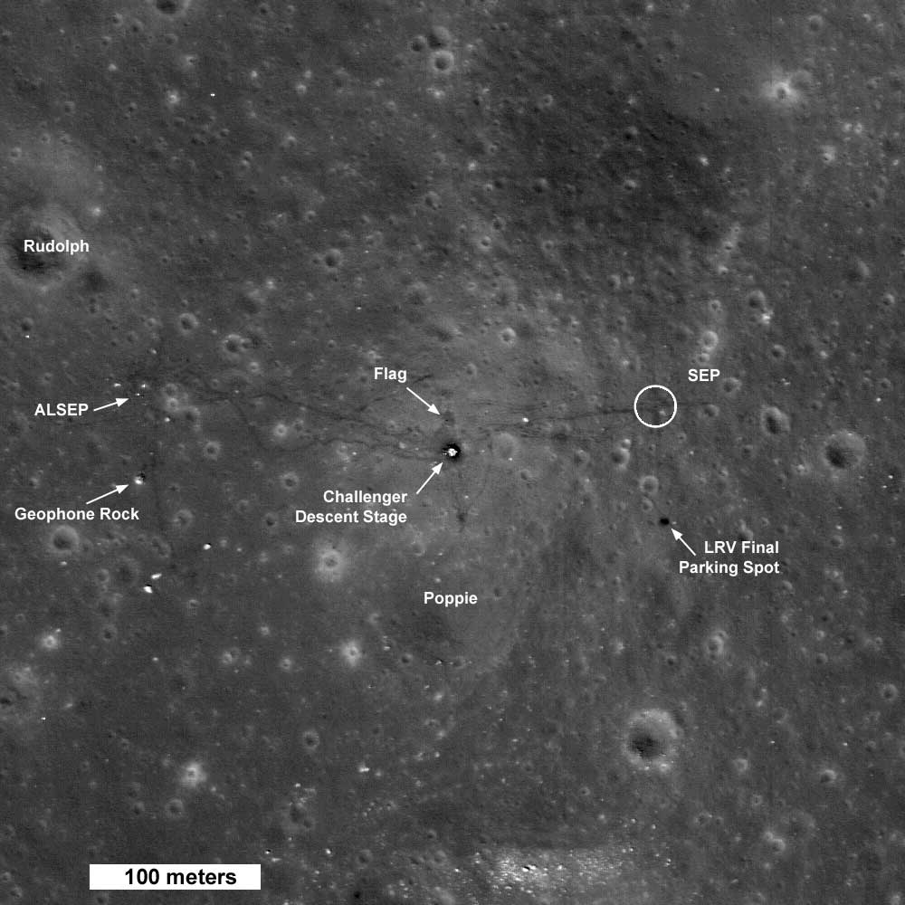 Where boots have tread: The Apollo 17 landing site, photographed by the Lunar Reconnaissance Orbiter, which revisited the moon in 2009. The lunar module descent stage, the lunar rover, scientific equipment and both footprints and tire tracks are visible. (NASA)