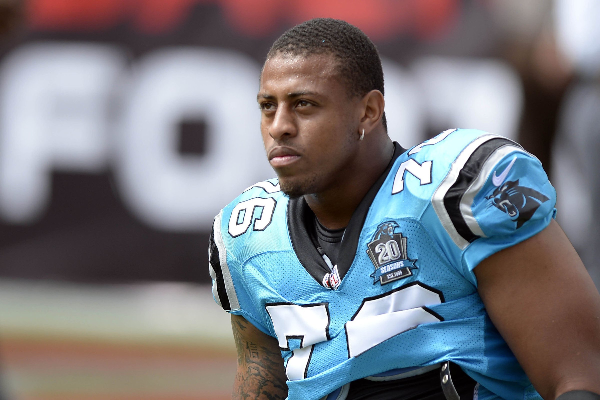 Greg Hardy of the Carolina Panthers looks out on the field during a game against the Tampa Bay Buccaneers on Sept. 7, 2014 in Tampa, Fla.