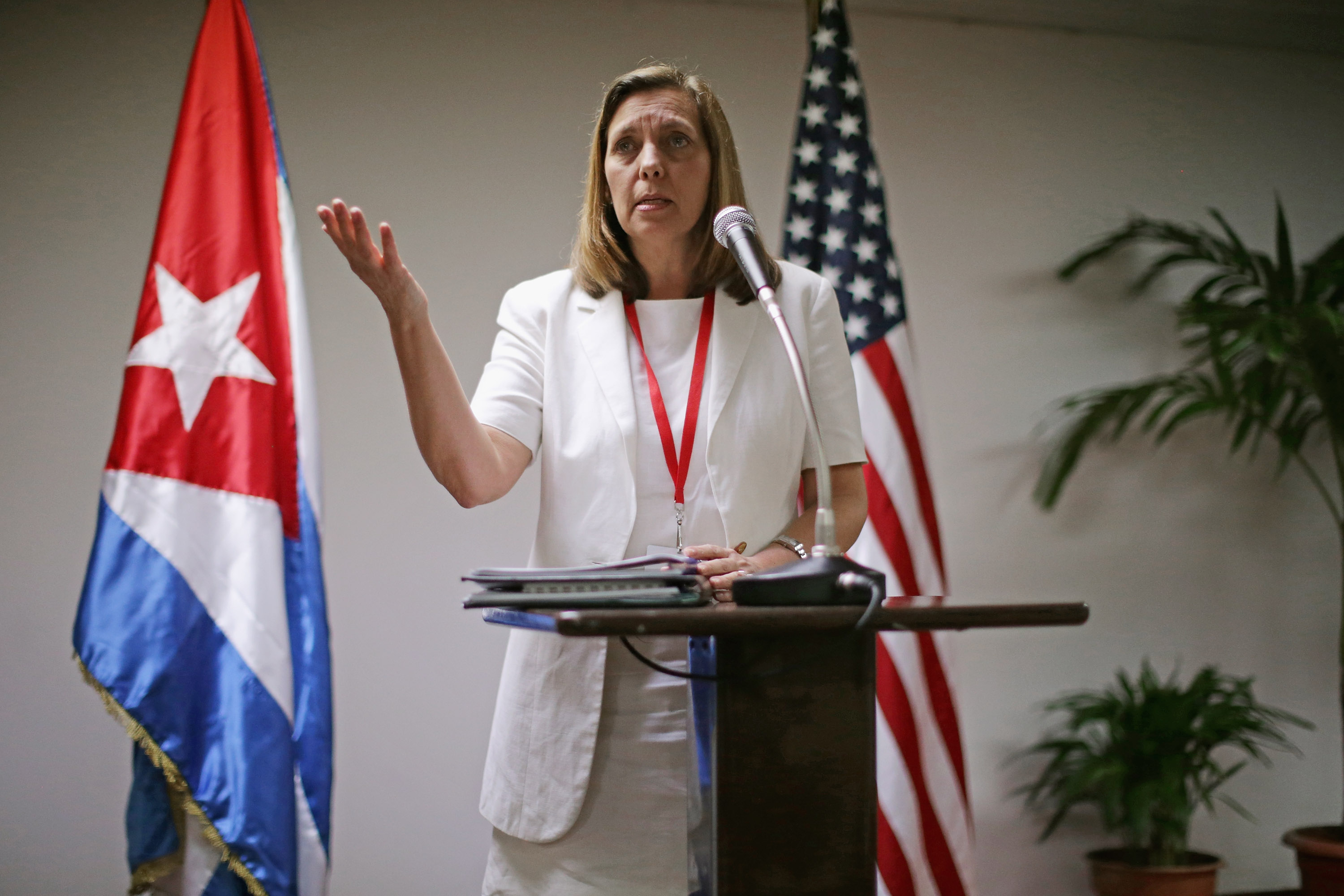 Cuban Foreign Ministry director for North America Josefina Vidal delivers brief remarks to the news media in Havana on Jan. 22, 2015 (Chip Somodevilla—Getty Images)
