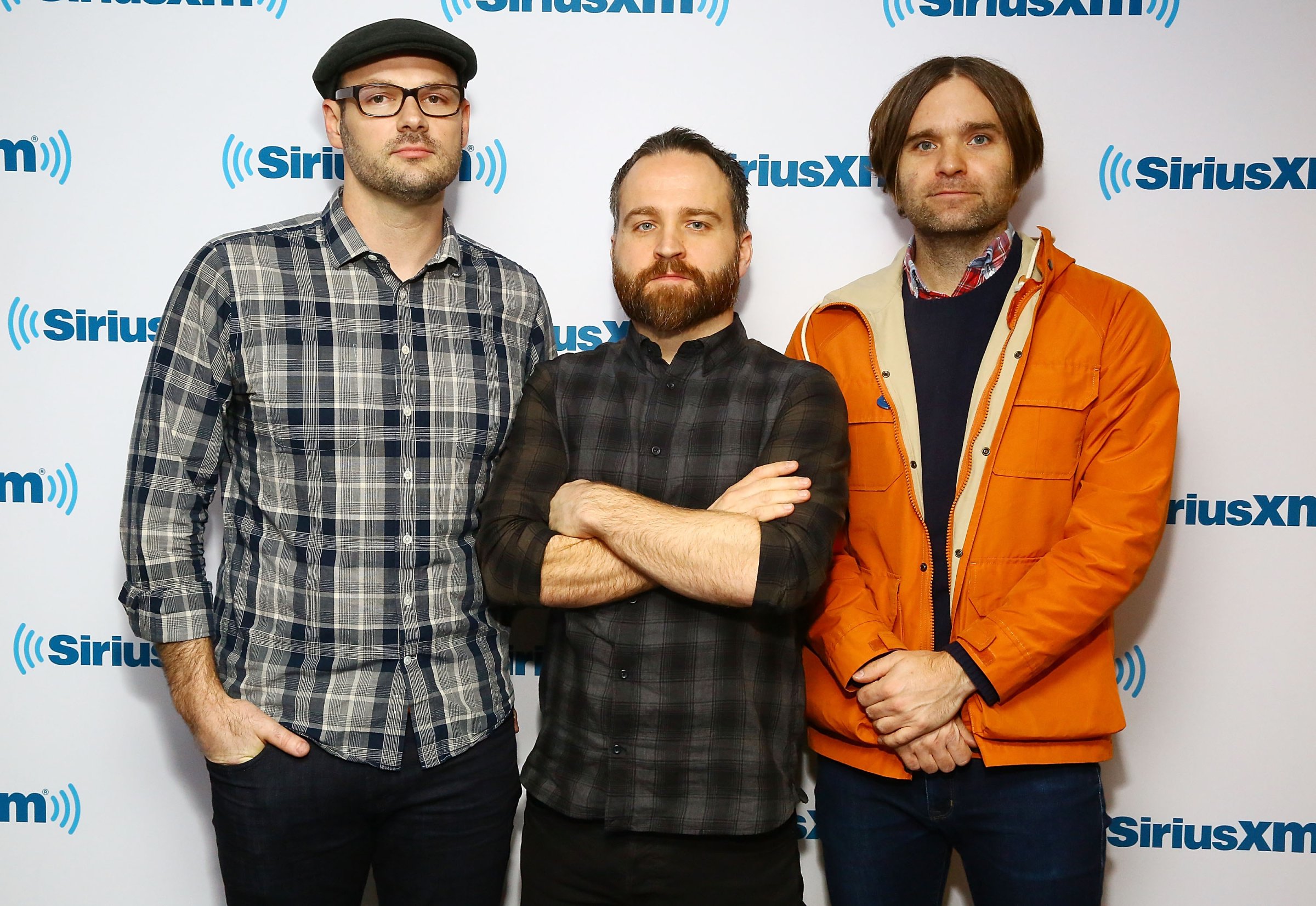 (L-R) Musicians Jason McGerr, Nick Harmer and Ben Gibbard of Death Cab For Cutie visit the SiriusXM Studios in New York City on jan. 28, 2015.