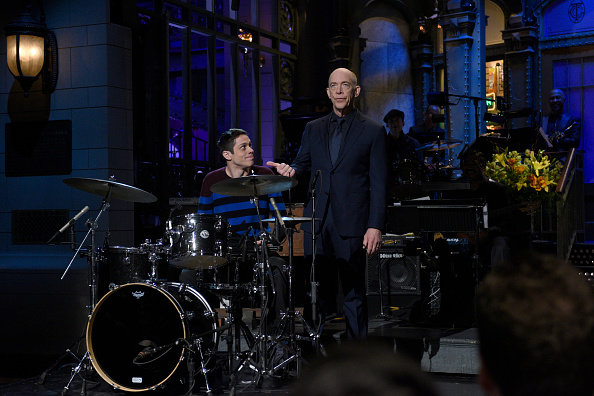 Pete Davidson (L) and J.K. Simmons (R) during the monologue on "J.K. Simmons episode" of "Saturday Night Live" on Jan. 31, 2015.