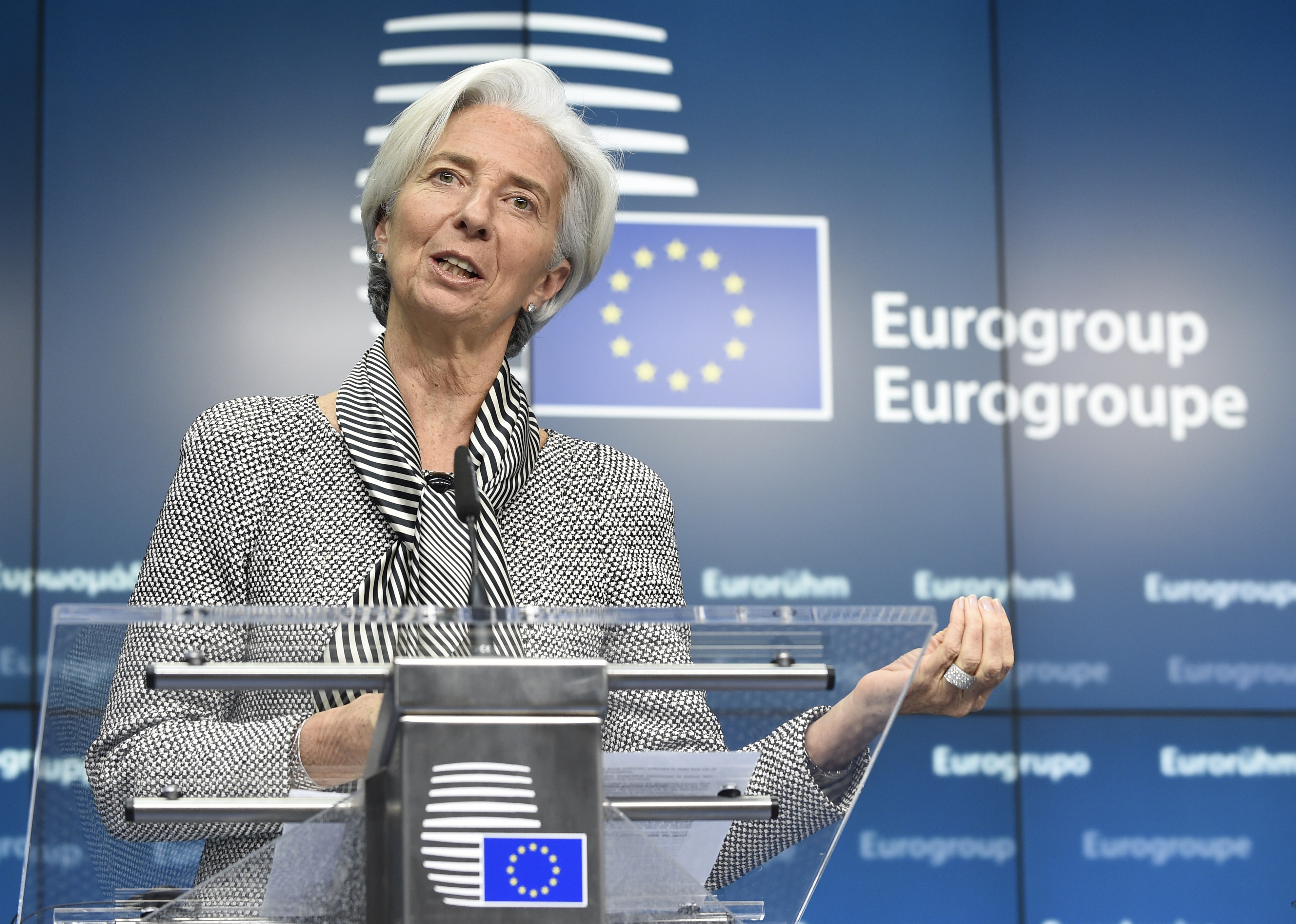International Monetary Fund Managing Director Christine Lagarde gives a joint press after an Eurogroup Council meeting on February 20, 2015 at EU Headquarters in Brussels. ( JOHN THYS--AFP/Getty Images) (JOHN THYS—AFP/Getty Images)