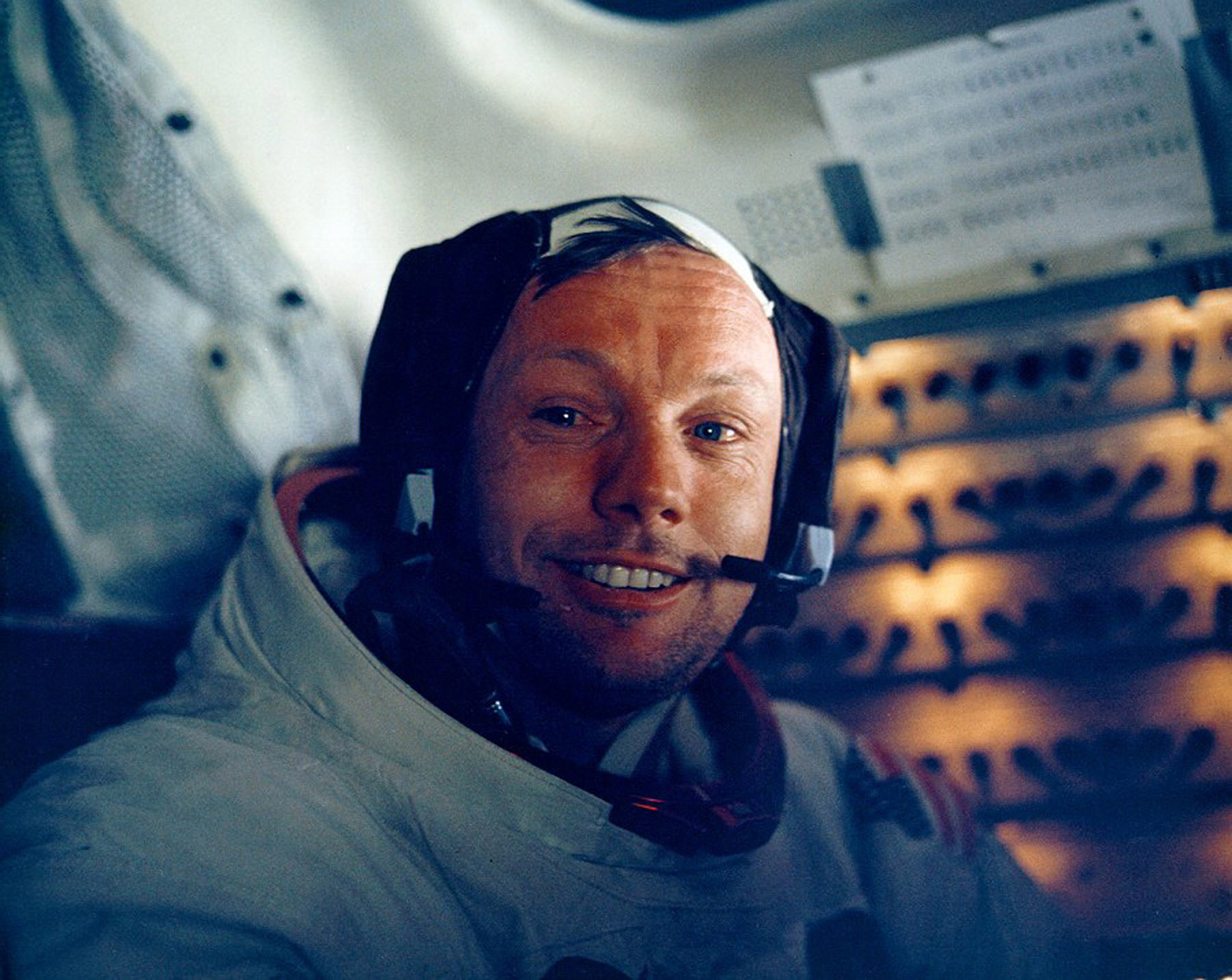 Astronaut Neil Armstrong smiles inside the Lunar Module on July 20, 1969. (NASA/Getty Images)