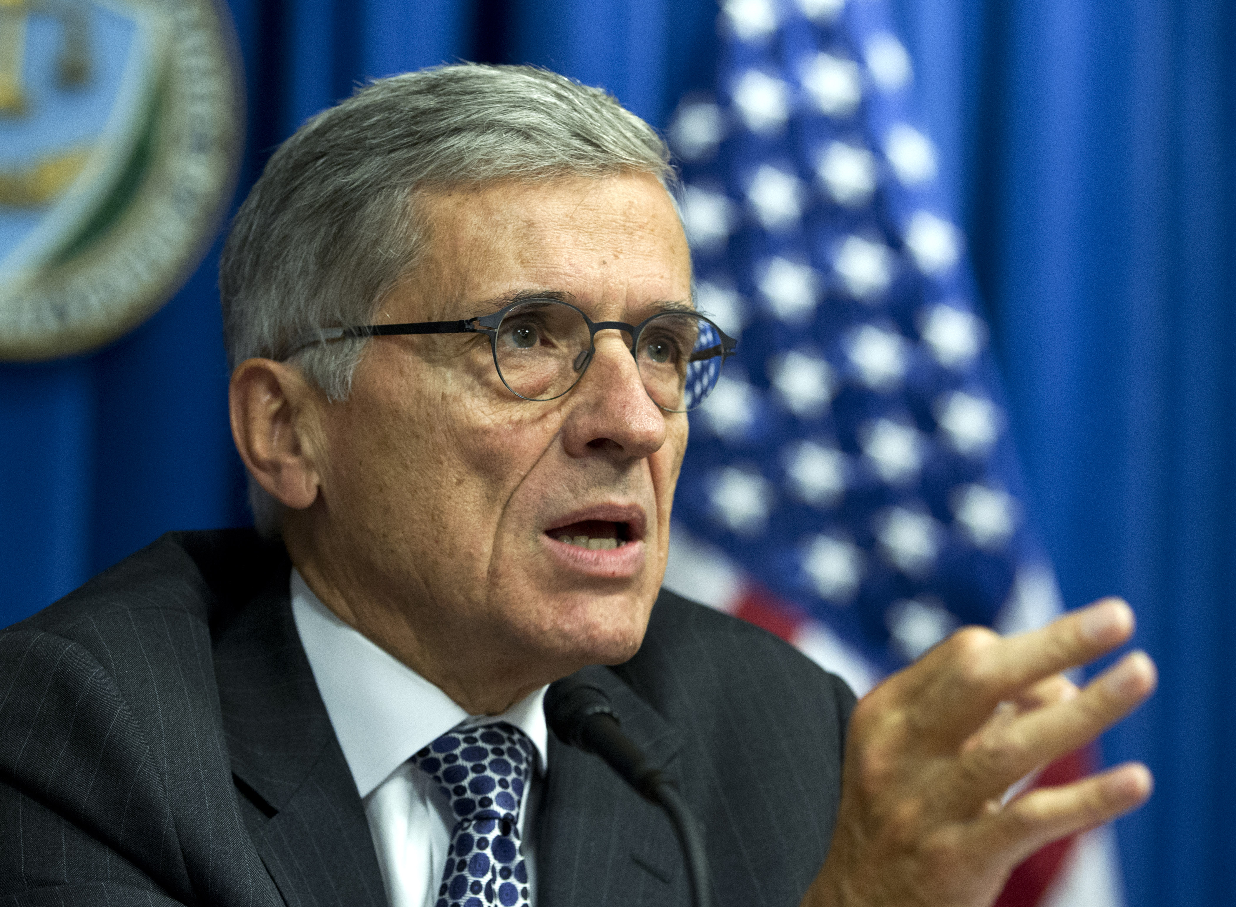 Federal Communications Commission (FCC) Chairman Tom Wheeler speaks during new conference in Washington on Oct. 8, 2014. (Jose Luis Magana—AP)