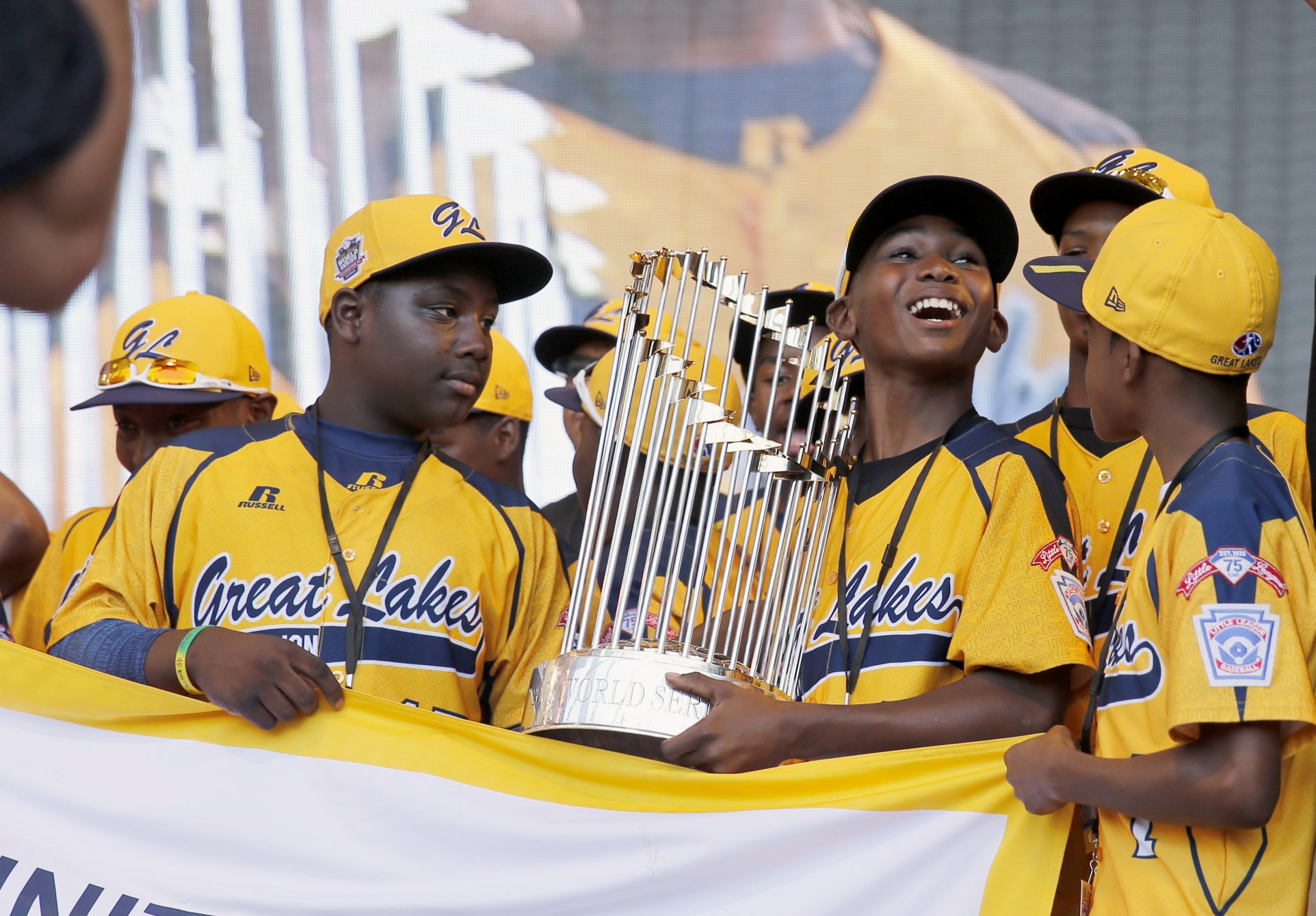 Members of the Jackie Robinson West Little League baseball team participate in a rally in Chicago celebrating the team's U.S. Little League Championship. on Aug. 27, 2014.