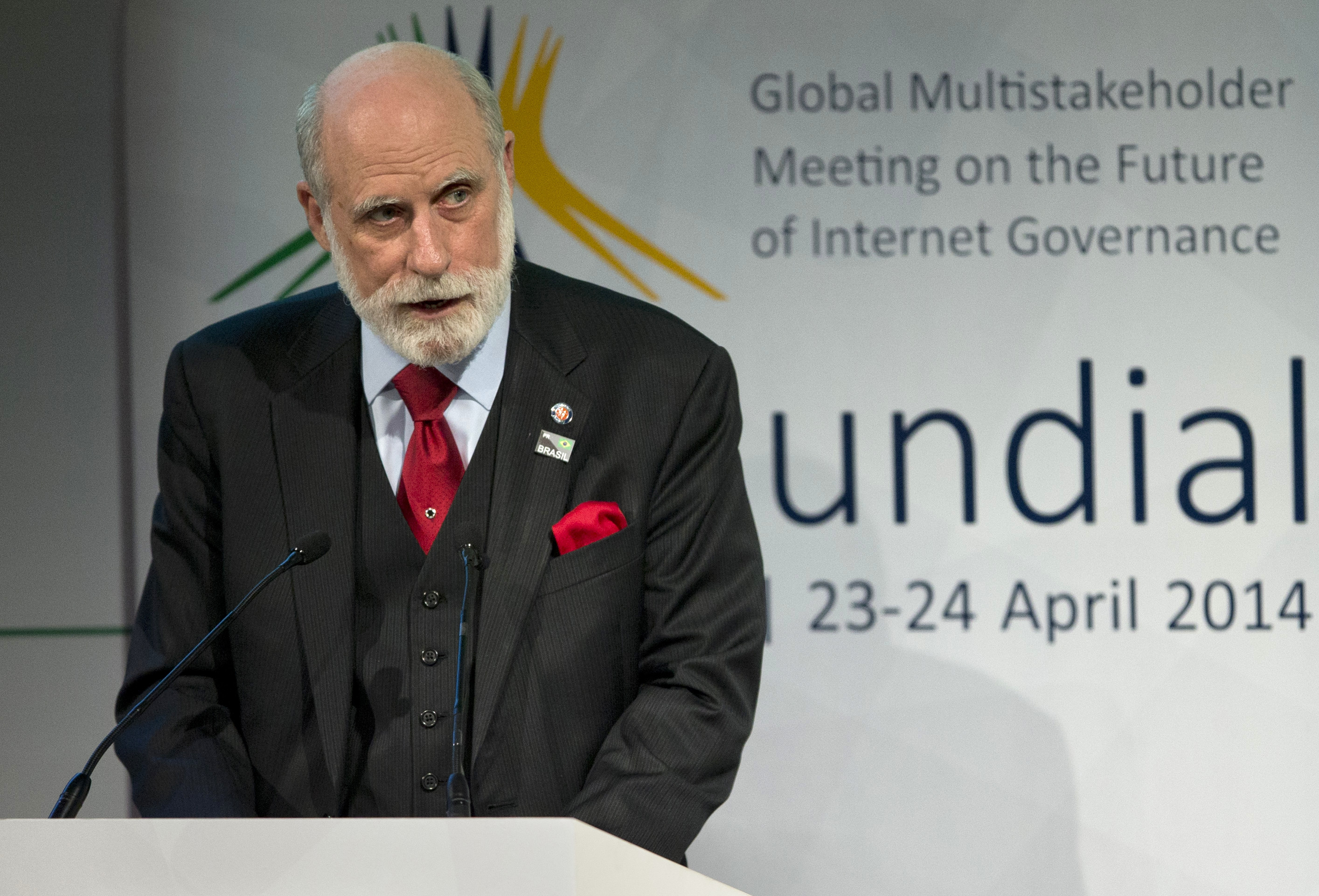 Computer scientist Vint Cerf addresses the opening ceremony of NETmundial, a major conference on the future of Internet governance in Sao Paulo on April 23, 2014. (Andre Penner—AP)