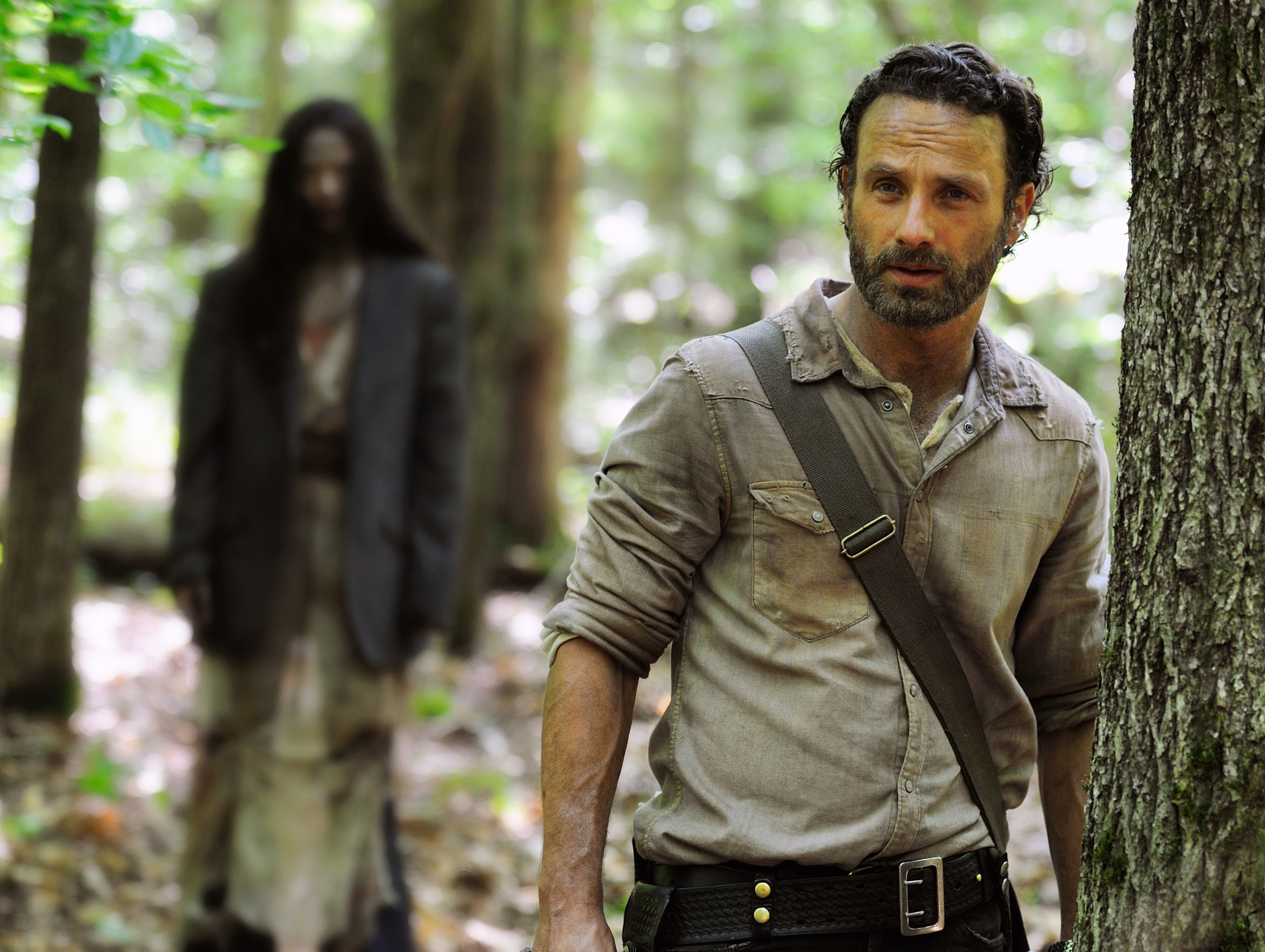 Andrew Lincoln as Rick Grimes in a scene from the season four premiere of "The Walking Dead."