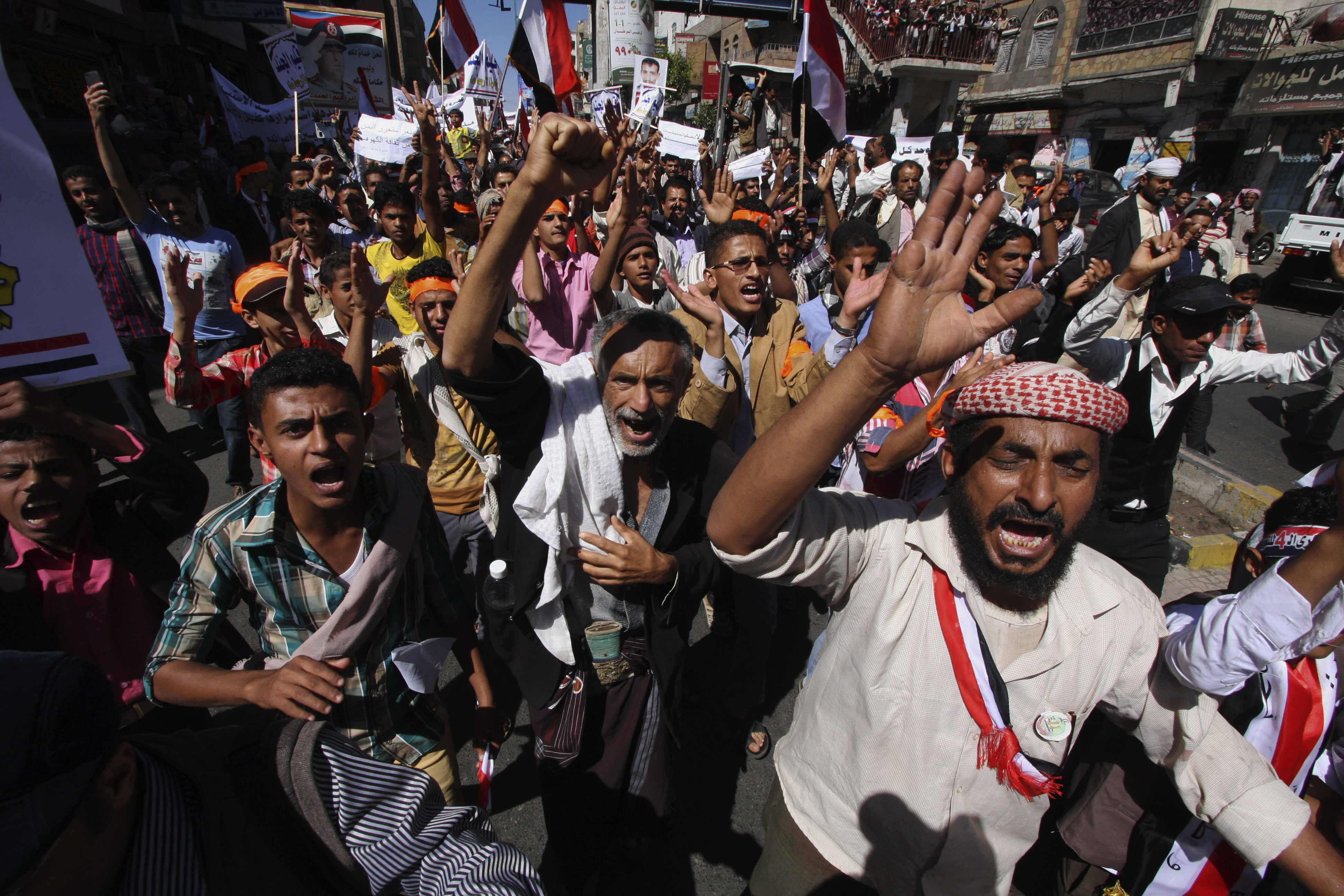 Protesters in Taiz, Yemen,  on Feb. 11, 2015, shout slogans against Houthi Shi‘ite who have seized power in the country's capital, Sana‘a (Anees Mahyoub—AP)