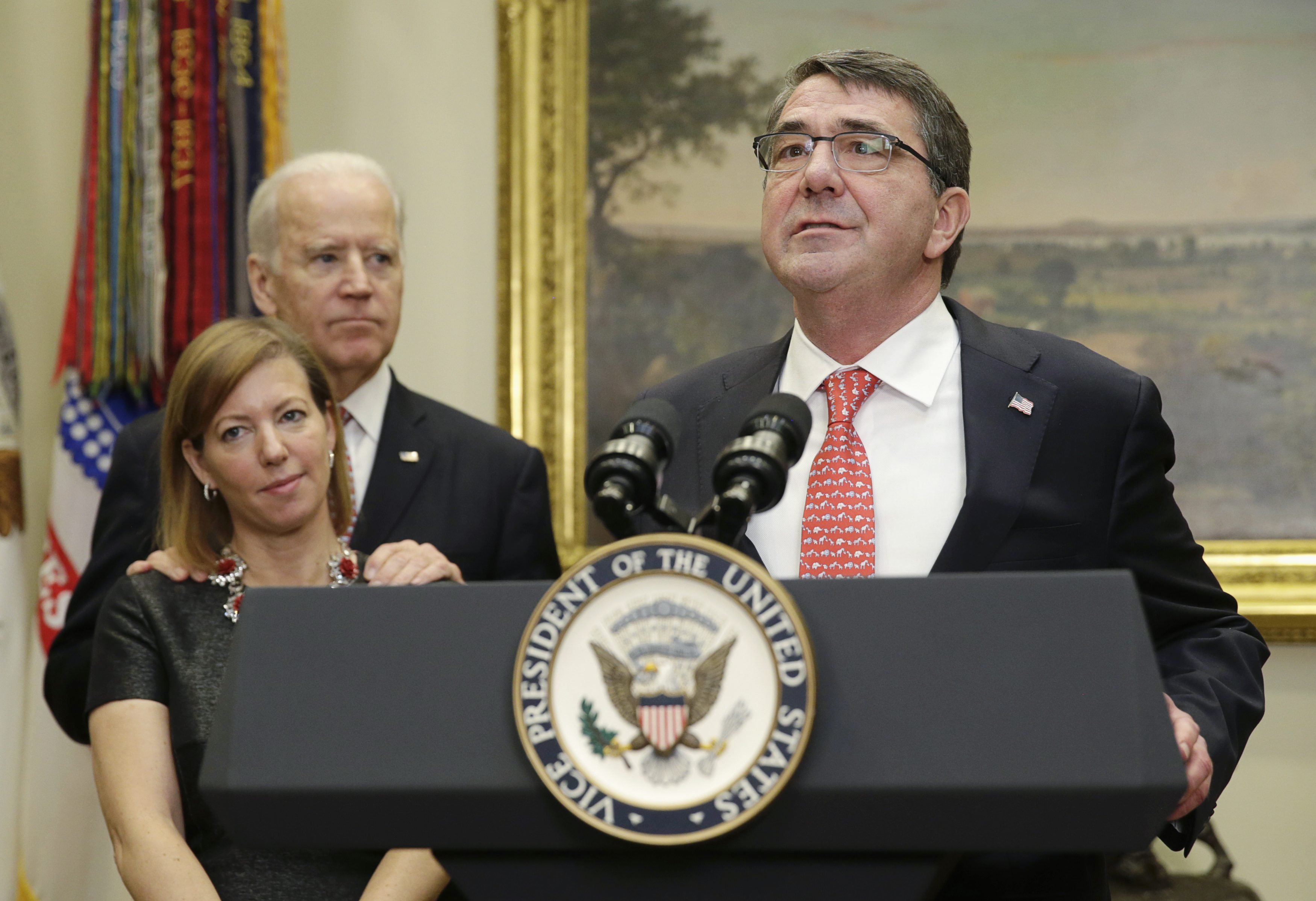 New U.S. Secretary of Defense Ash Carter delivers his acceptance speech at the White House in Washington on Feb. 17, 2015. (Gary Cameron—Reuters)