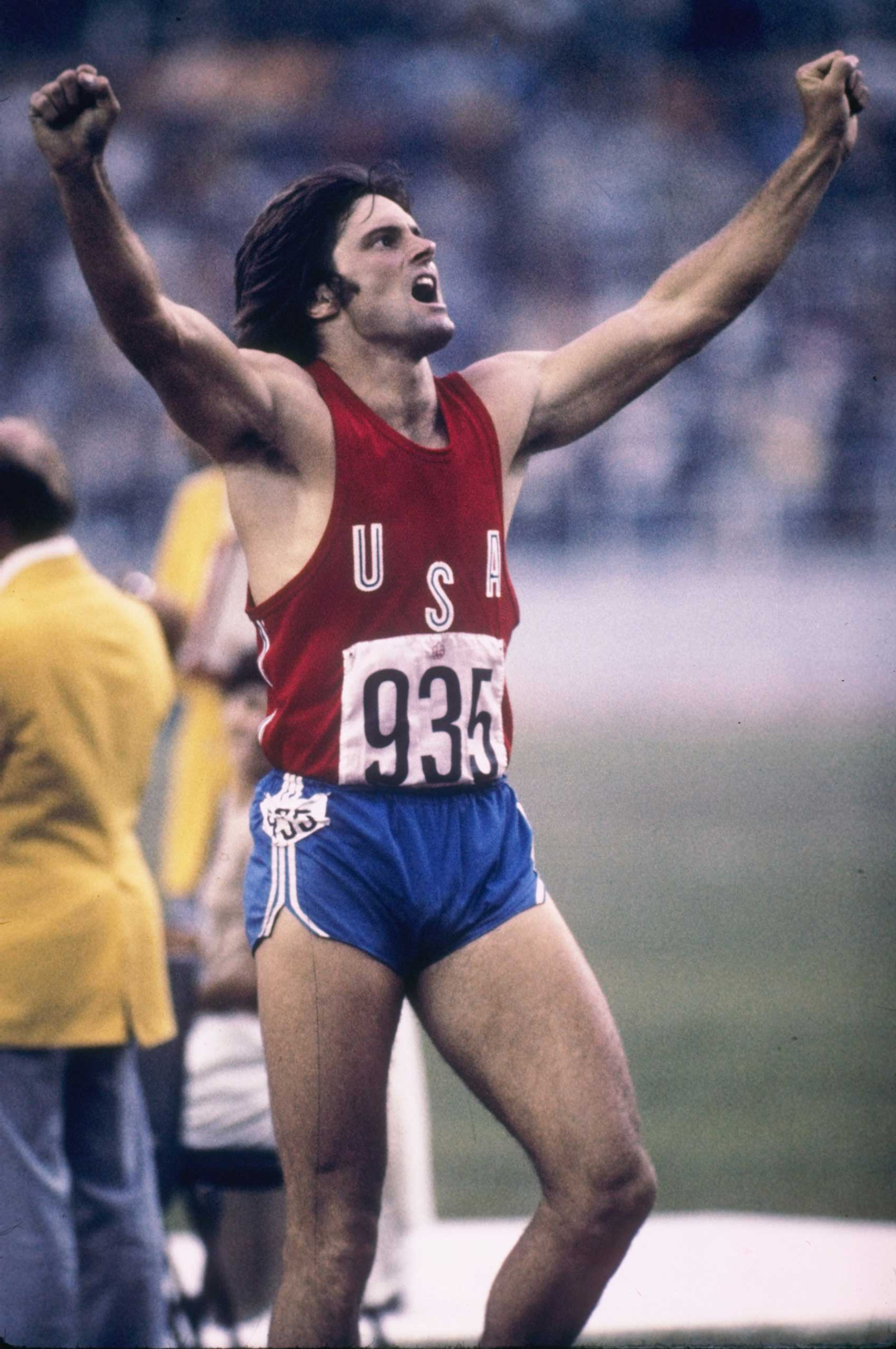 Bruce Jenner celebrates during his record setting performance in the decathlon in the 1976 Summer Olympics in Montreal.