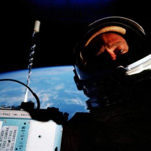 Gemini 12 astronaut Buzz Aldrin snaps a picture of himself during a spacewalk in Nov., 1966.