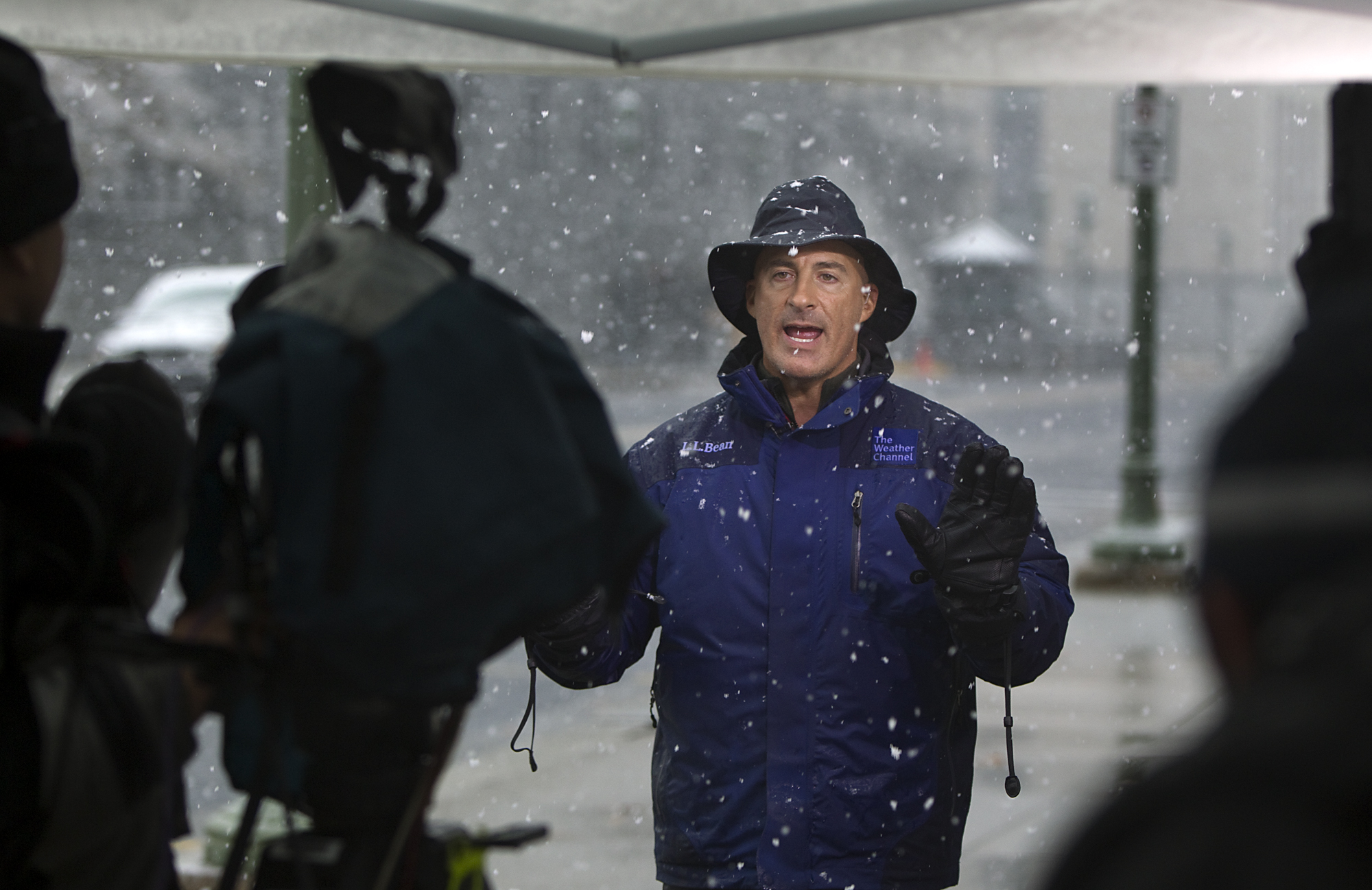 The Weather Channel host, Jim Cantore, goes live from Commonwealth Ave behind the Pennsylvania State Capitol Saturday, Oct. 29, 2011 in Harrisburg, PA