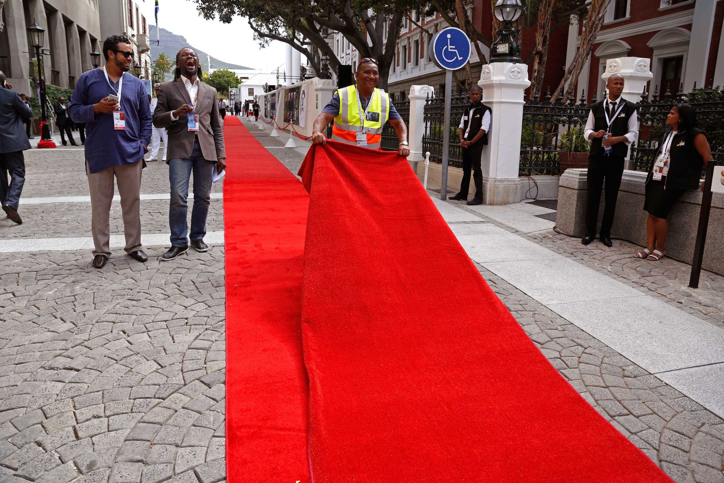 The red carpet is laid out at Parliament before the start of the official opening session in Cape Town, South Africa, Feb. 12, 2015.