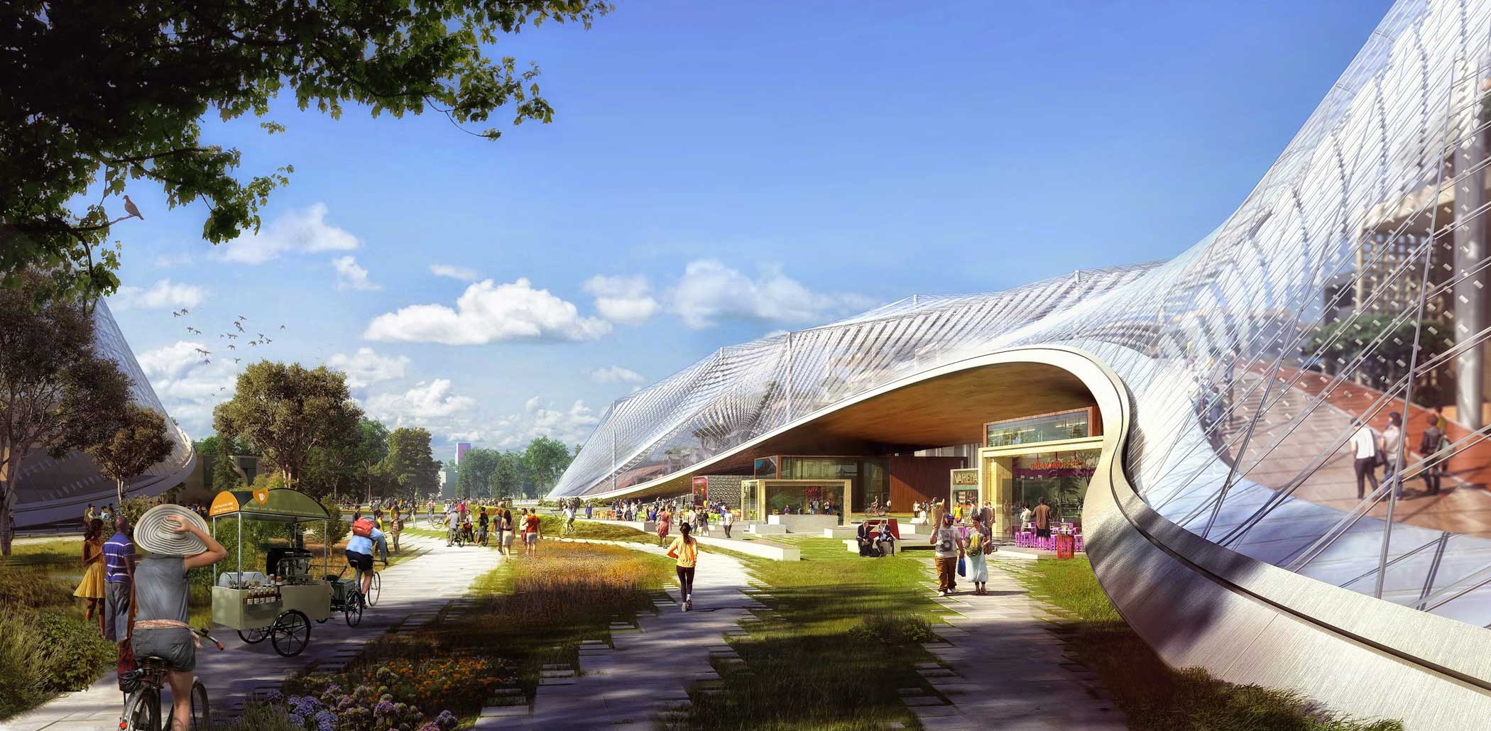 The building’s translucent canopy lifts up to allow the public Green Loop to go through the center of the building, with cafes and local shops on the lower levels.