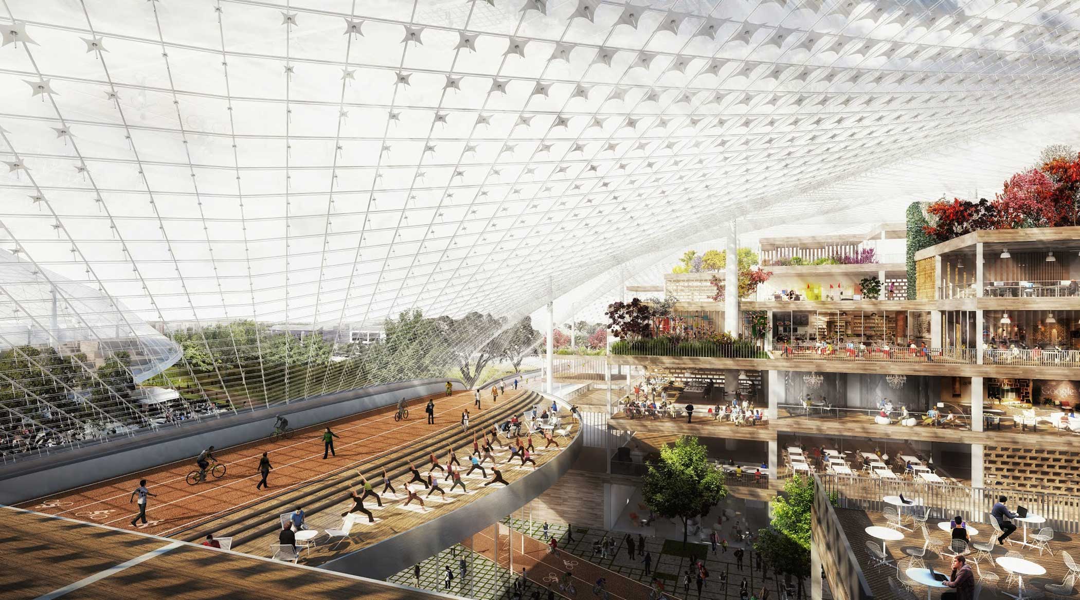 This rendering shows the inside of the proposed Charleston South building looking west. Within the canopy, building segments operate like furniture—light, tactile and reconfigurable. These segments form small villages where employees can work or relax. The Green Loop goes through the building. The rim of the canopy provides structure as well as biking and walking paths.