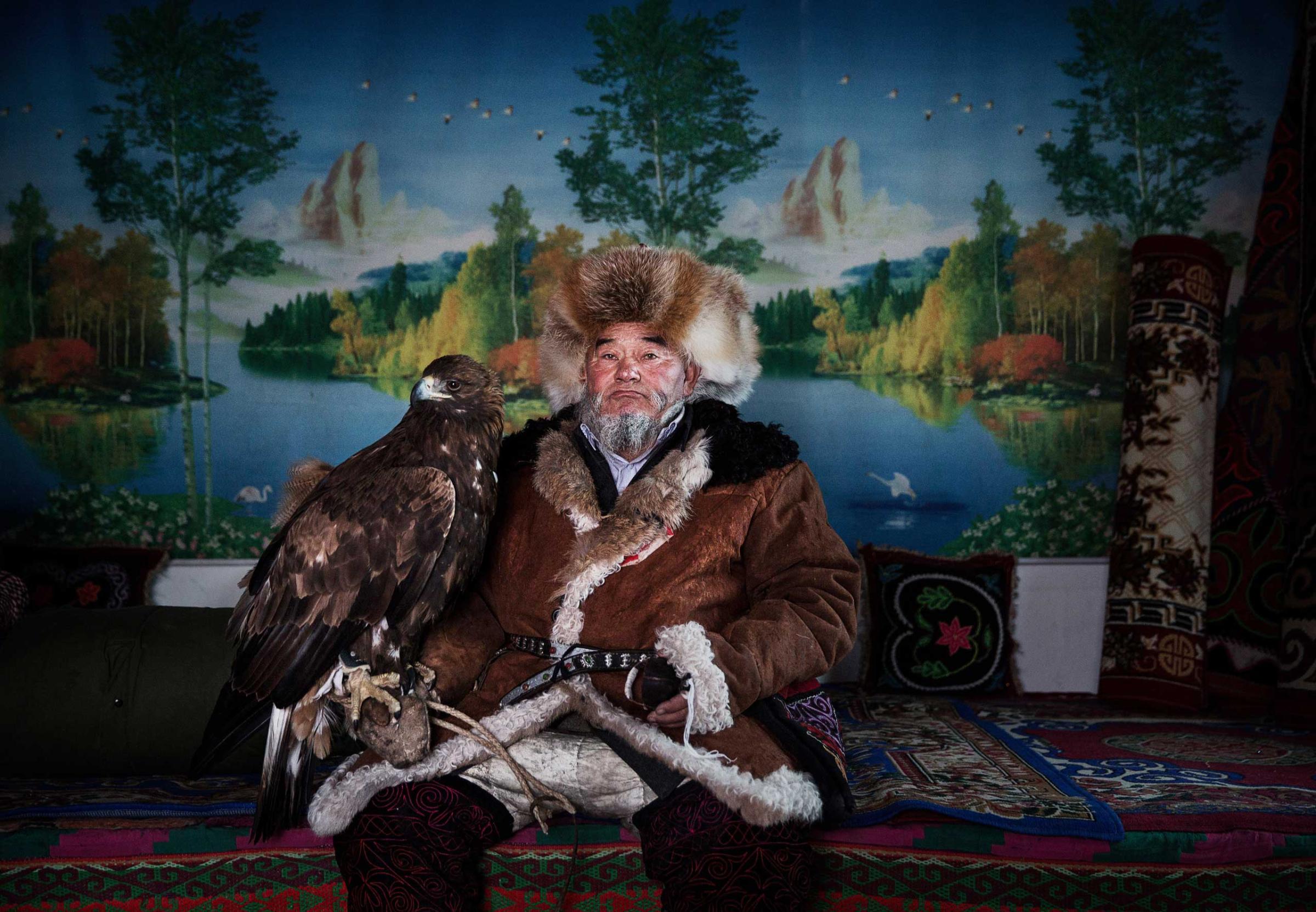 Chinese Kazakh eagle hunter Margars Mazkin, 74 years, sits with his eagle before leaving for competition on Jan. 31, 2015 in the mountains of Qinghe County, Xinjiang, northwestern China.