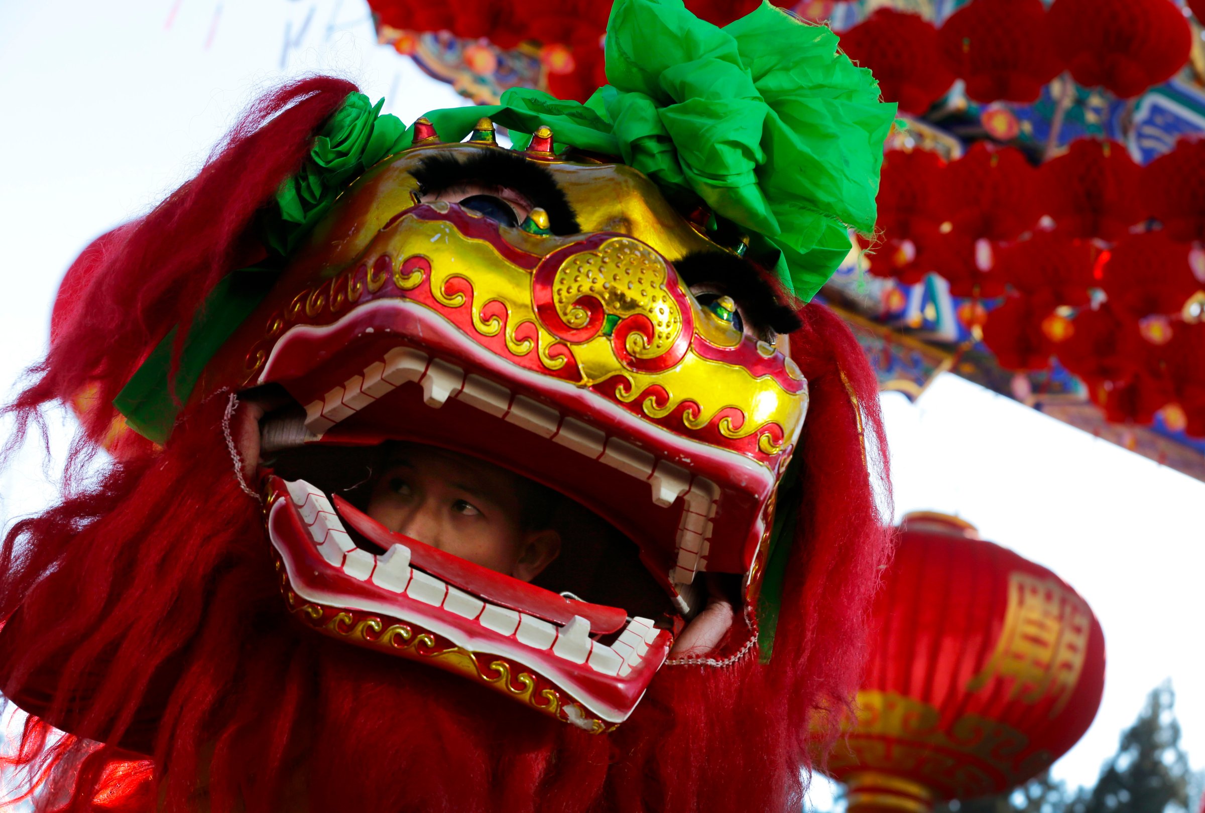 A performer looks out from the head of a lion dance costume during the opening of Ditan Temple Fair on the Lunar New Year's Eve in Beijing, China Wednesday, Feb. 18, 2015