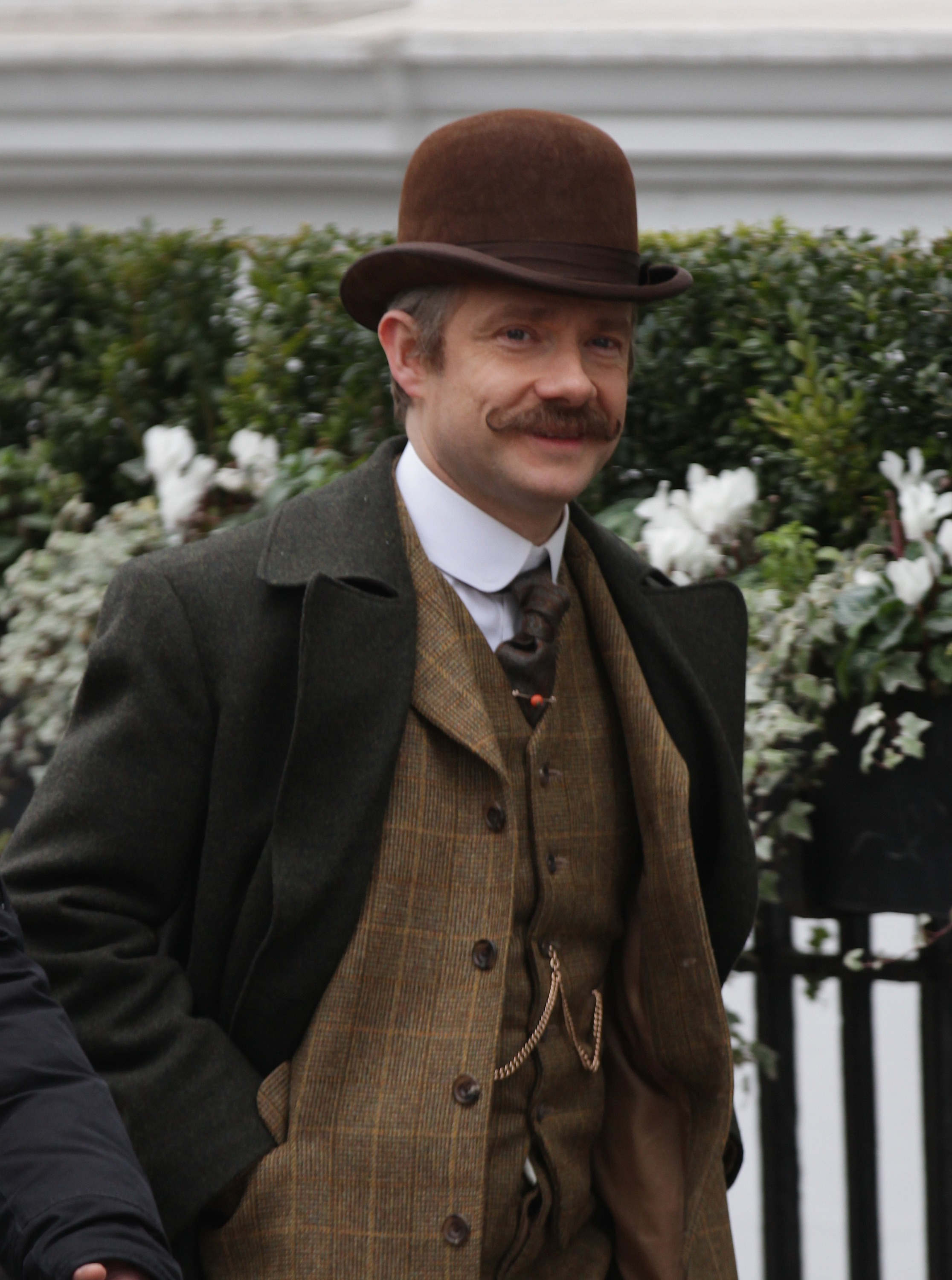 Martin Freeman sighting filming Sherlock on February 7, 2015 in London, England