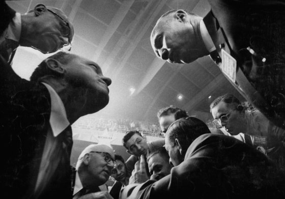 Delegates strategize on the floor during the 1956 Democratic National Convention in Chicago.
