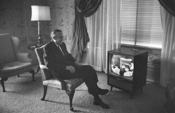 Democratic politician Averell Harriman watches former President Harry S. Truman support him during the 1956 Democratic National Convention in Chicago. Harriman lost the nomination to Adlai Stevenson that year, and in 1952.