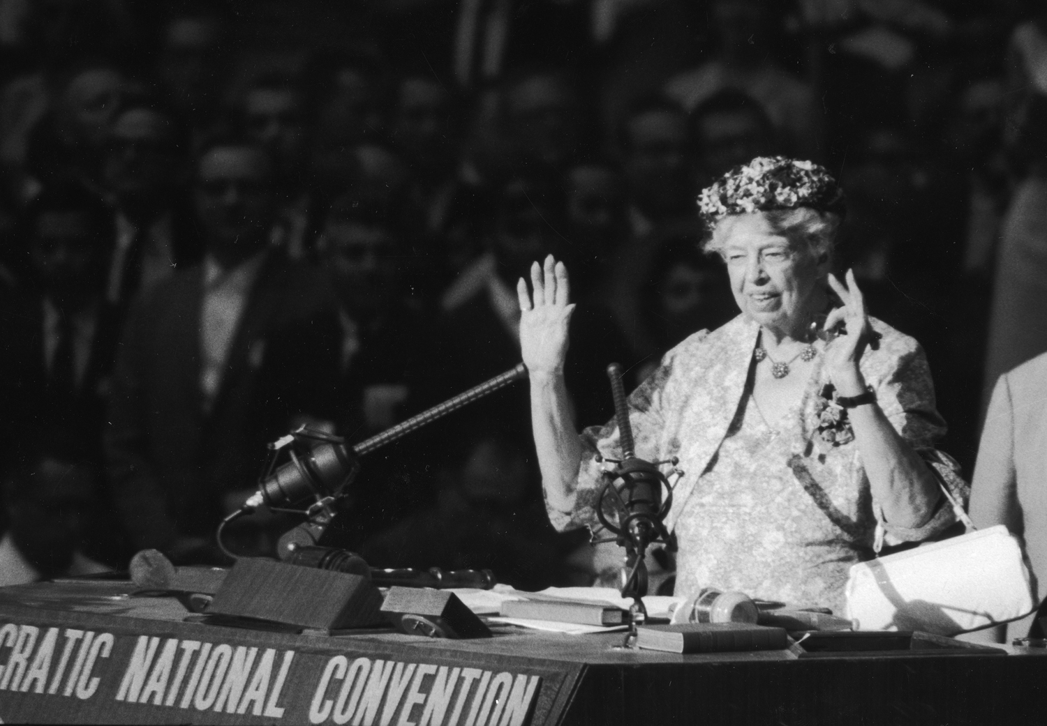 Eleanor Roosevelt addresses delegates at the 1960 Democratic National Convention in Los Angeles, where she supported Illinois' Adlai Stevenson over the party's eventual nominee, John F. Kennedy.