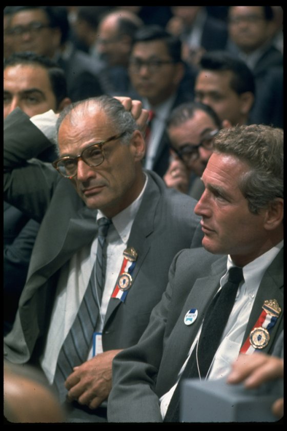 Not originally published in LIFE. Connecticut delegates and Eugene McCarthy supporters Paul Newman (right) and playwright Arthur Miller during the contentious 1968 Democratic National Convention in Chicago.