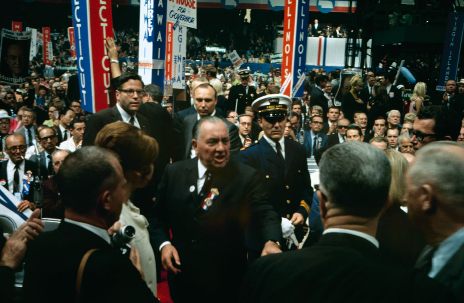 Chicago mayor Richard Daley — a Democrat who served for five terms and remains one of the most controversial figures in Chicago political history — on the floor during the Democratic National Convention in 1968.
