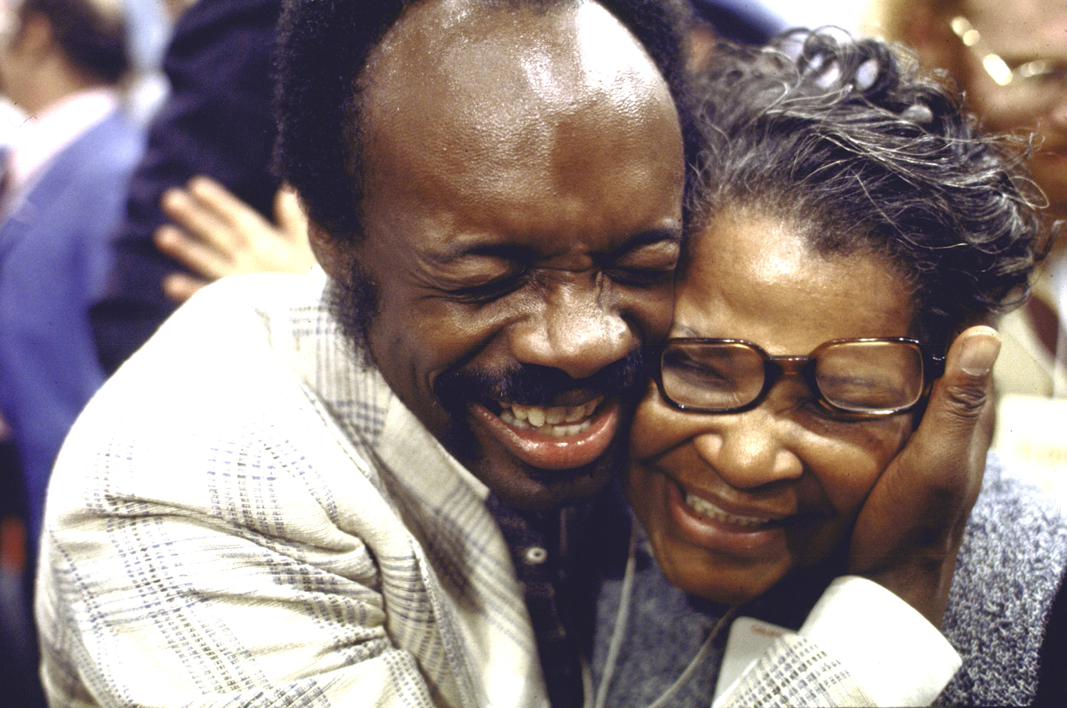 George McGovern delegation co-chair Willie Brown, Jr.—later the powerful, long-time Speaker of the California State Assembly and, eventually, the mayor of San Francisco—embraces an unidentified woman during the 1972 Democratic National Convention in Miami Beach. McGovern would win his party's nomination, but was crushed by Richard Nixon during the presidential election, winning only Massachusetts and the District of Columbia.
