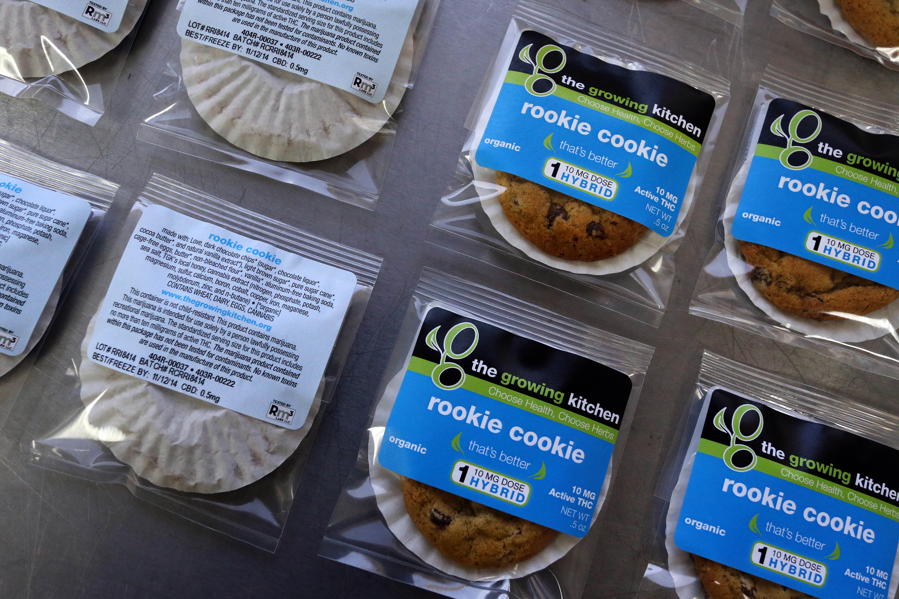 Smaller-dose pot-infused cookies, called the Rookie Cookie, sit on the packaging table at The Growing Kitchen, in Boulder. Colorado on Sept. 26, 2014.