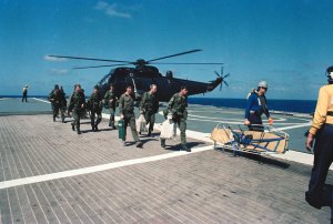 An afterdeck helipad on board the Cunard liner 'RMS Queen Elizabeth 2', which has been requisitioned as a British troopship during the Falklands War, May 1982.