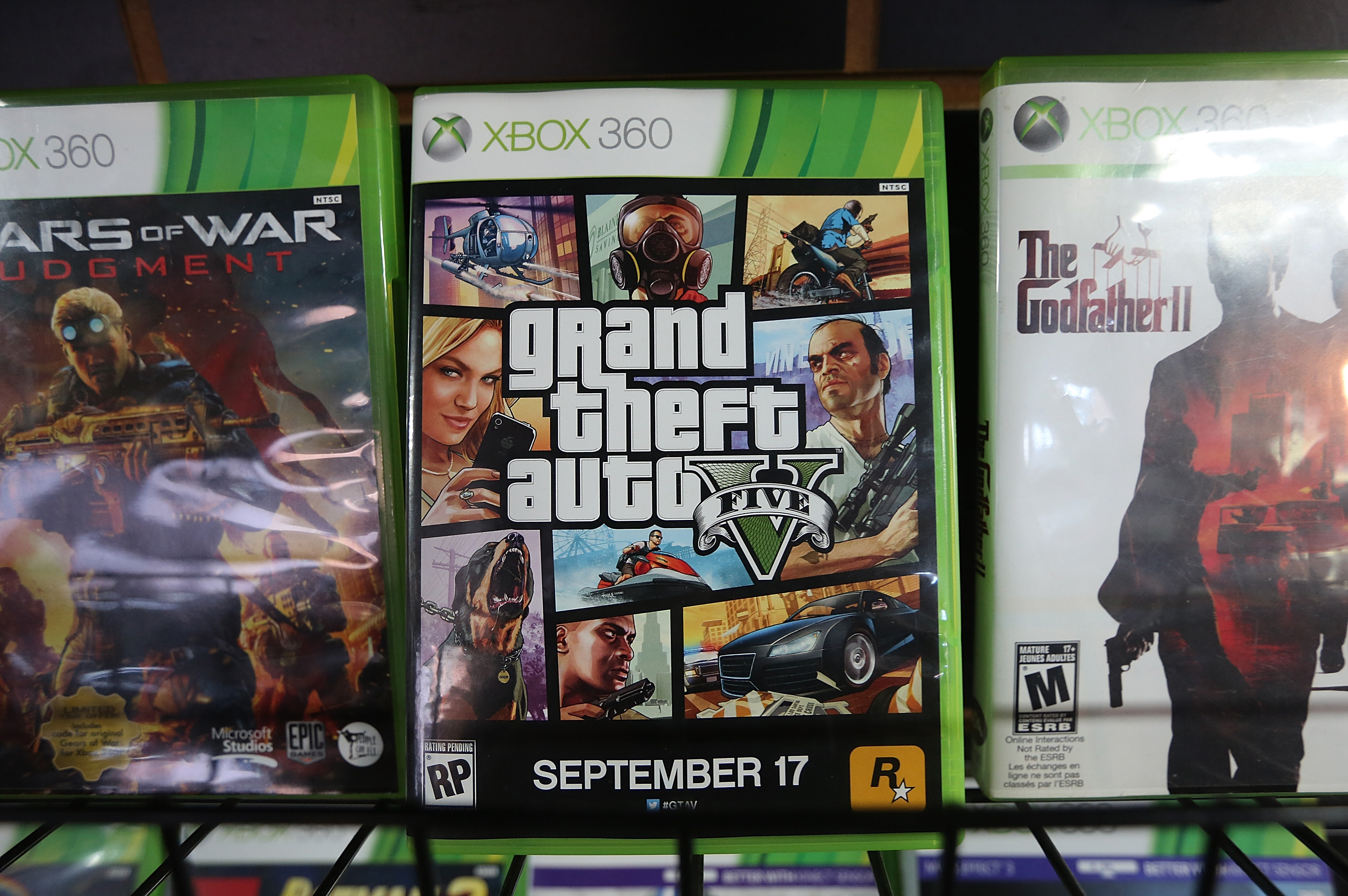 A display copy of Grand Theft Auto V sits on a shelf at the 8 Bit &amp; Up video games shop in New York City on Sept. 18, 2013. (Mario Tama&mdash;Getty Images)