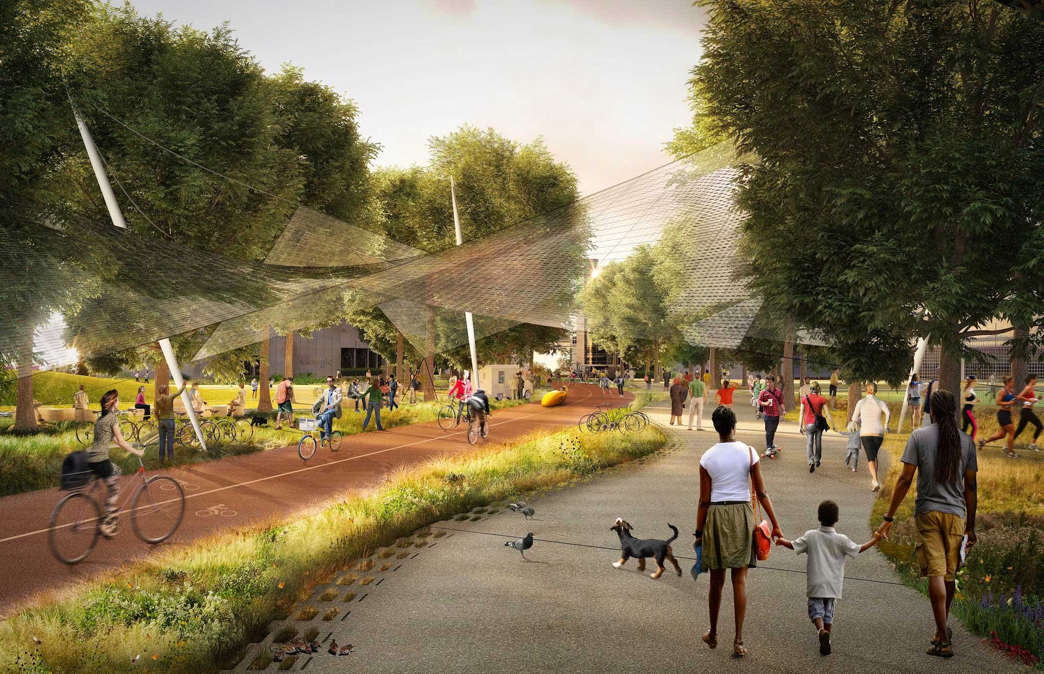 Mountain View’s Precise Plan encourages the creation of a diverse network of public and private open spaces such as plazas, parks and trails. This rendering shows the Green Loop, a circuit for bikes and pedestrians that weaves through urban and natural areas. A solar canopy produces energy and also protects bicyclists from the rain.