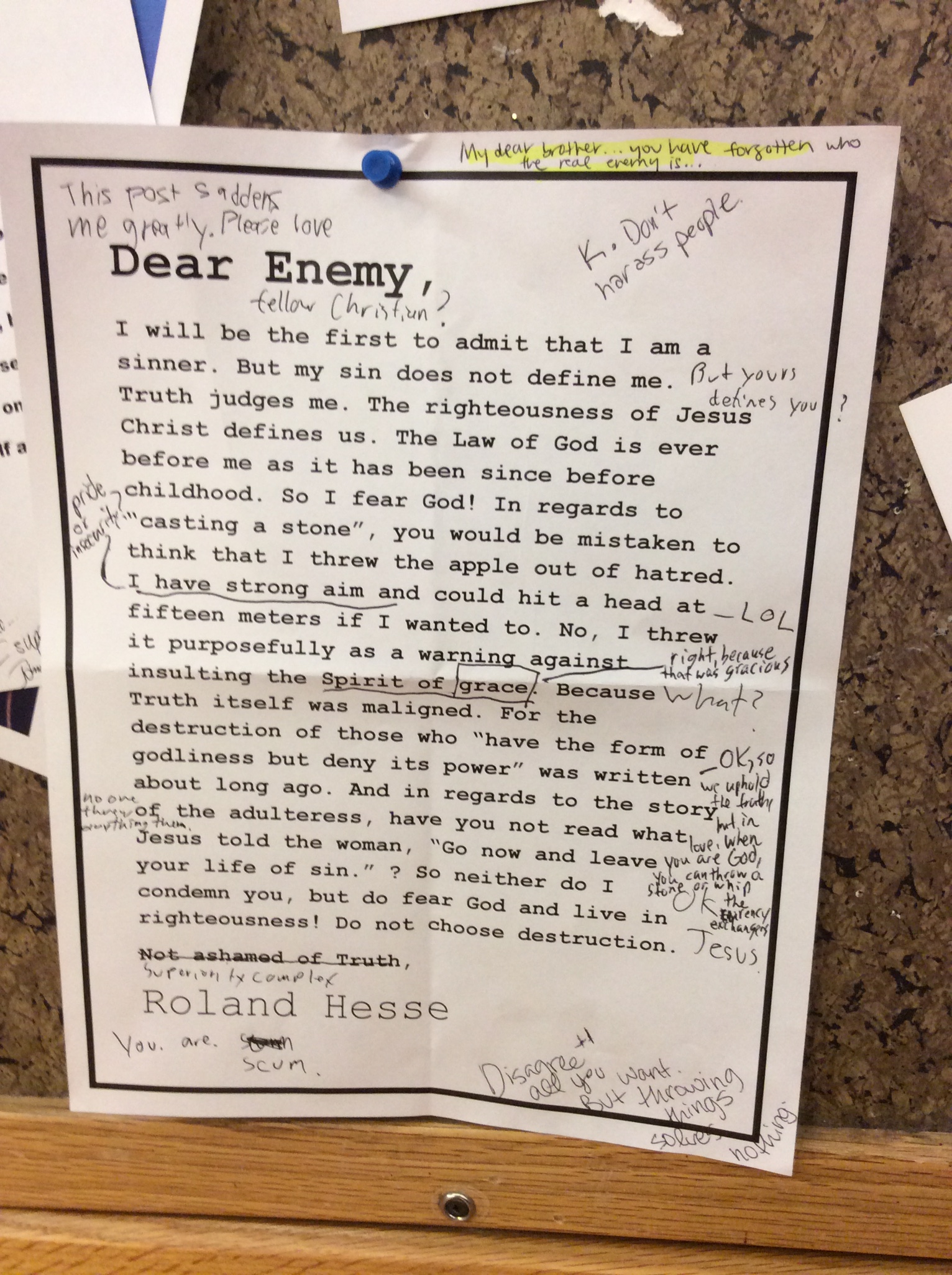 A note on a student bulletin board at Wheaton College in Wheaton, Ill., Feb. 24, 2015. (Sara Kohler)