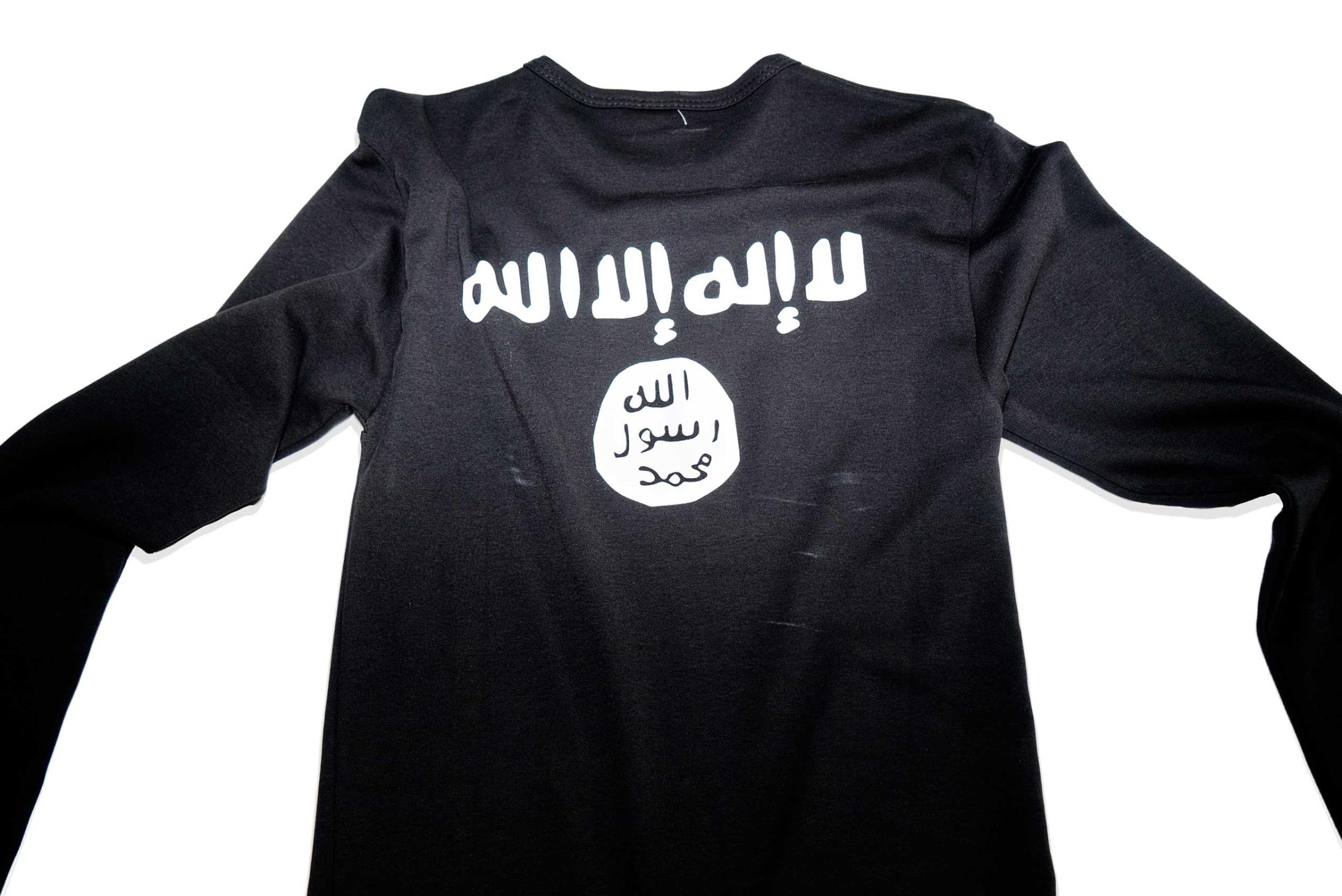 A long sleeve T-shirt  in the colours and iconography of the current iconography of Islamic State.