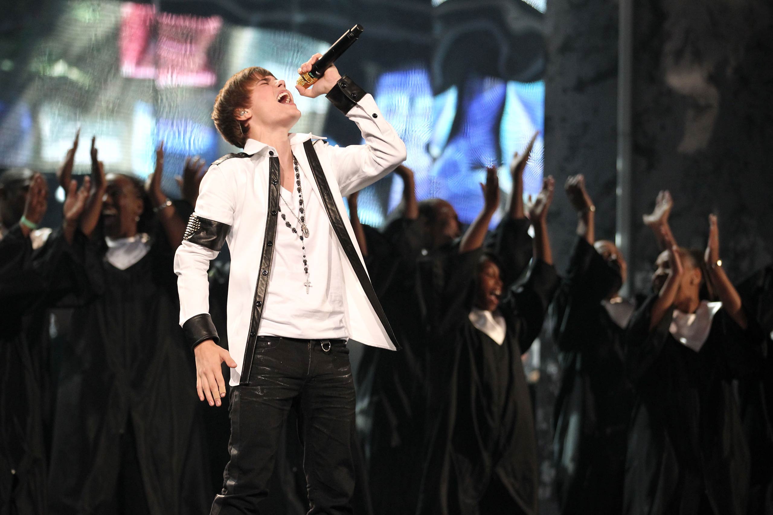 Justin Bieber performs onstage at the 2010 American Music Awards held at Nokia Theatre L.A. Live in Los Angeles, Calif. in 2010.