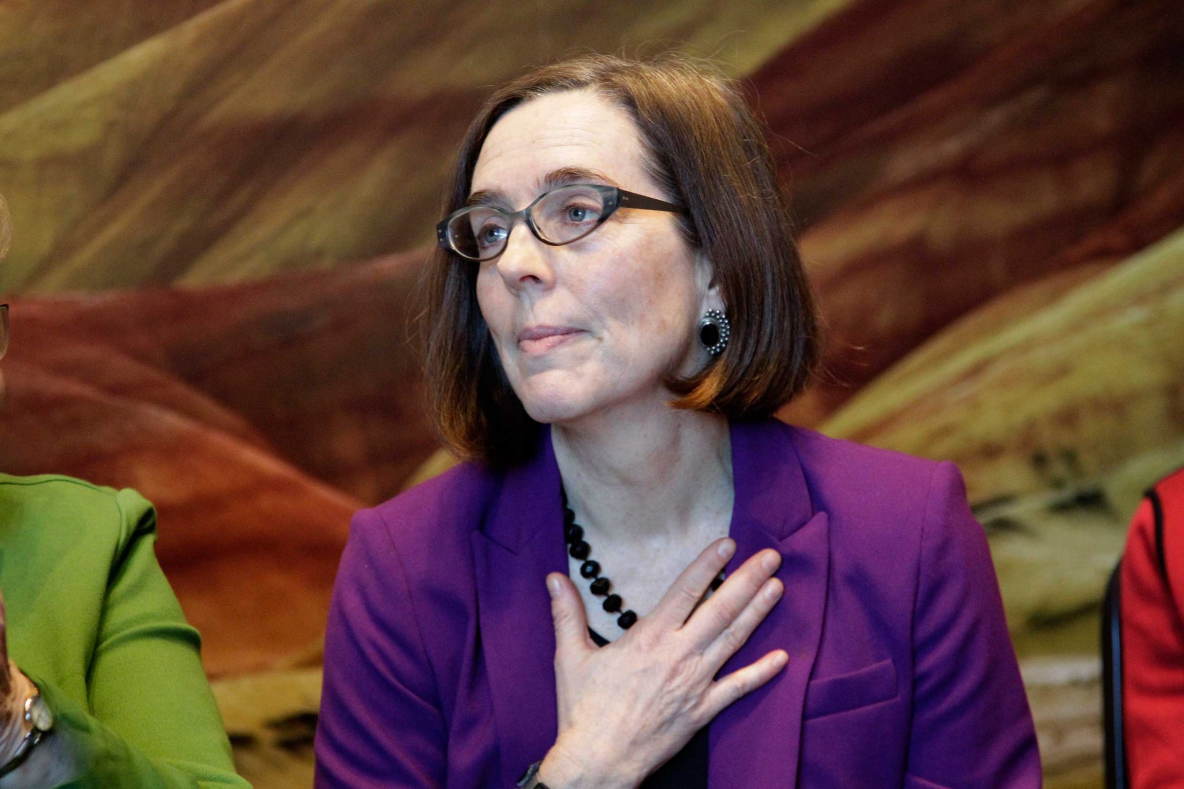Then-Oregon Secretary of State Kate Brown is shown during a celebration at the Oregon Historical Society to mark the 156th anniversary of Oregon's admission to the union as the 33rd state in Portland, Ore., Feb. 14, 2015.