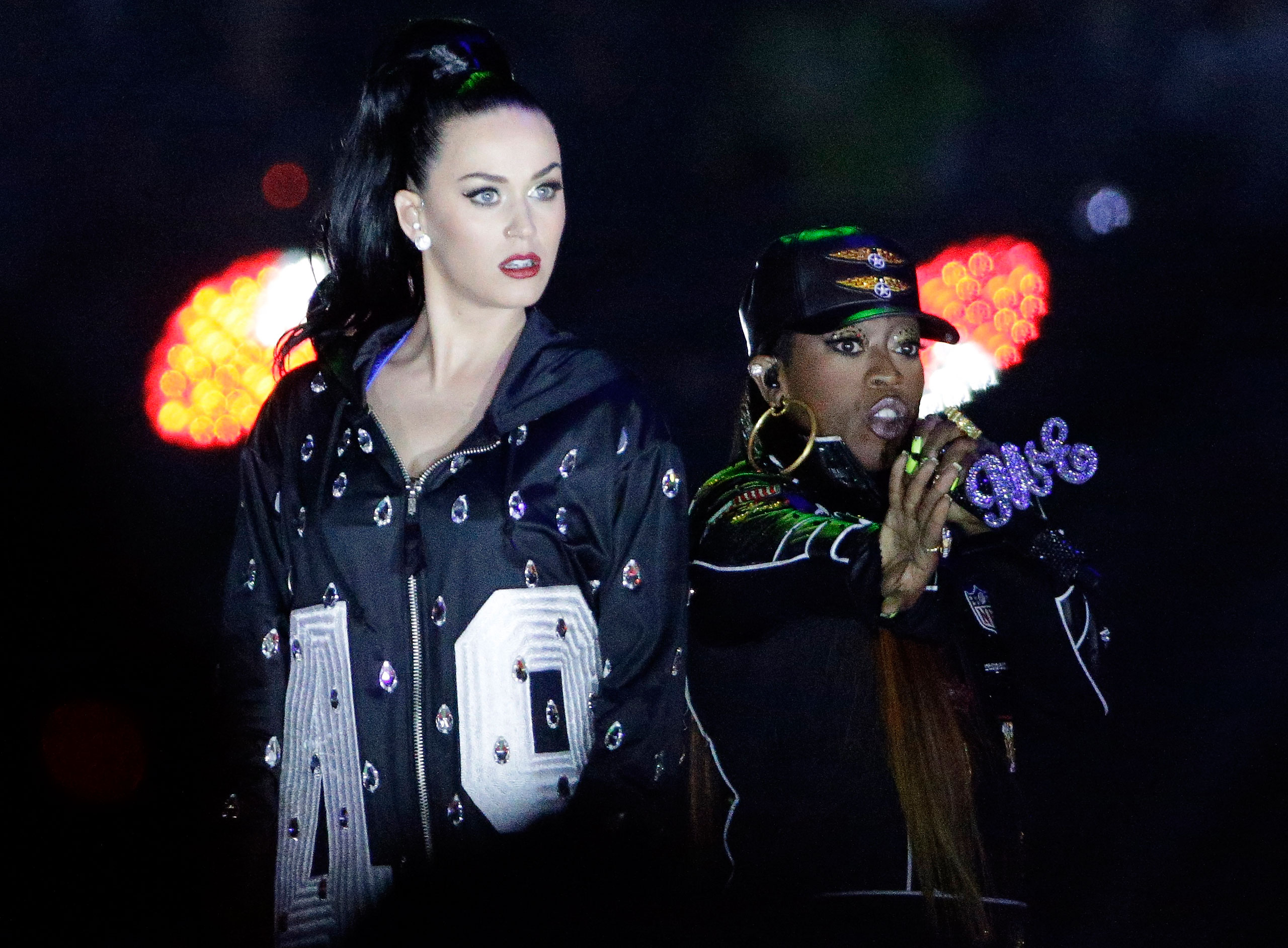 Katy Perry, left, and Missy Elliott perform during halftime of NFL Super Bowl XLIX football game between the Seattle Seahawks and the New England Patriots on Feb. 1, 2015 in Glendale, Ariz.