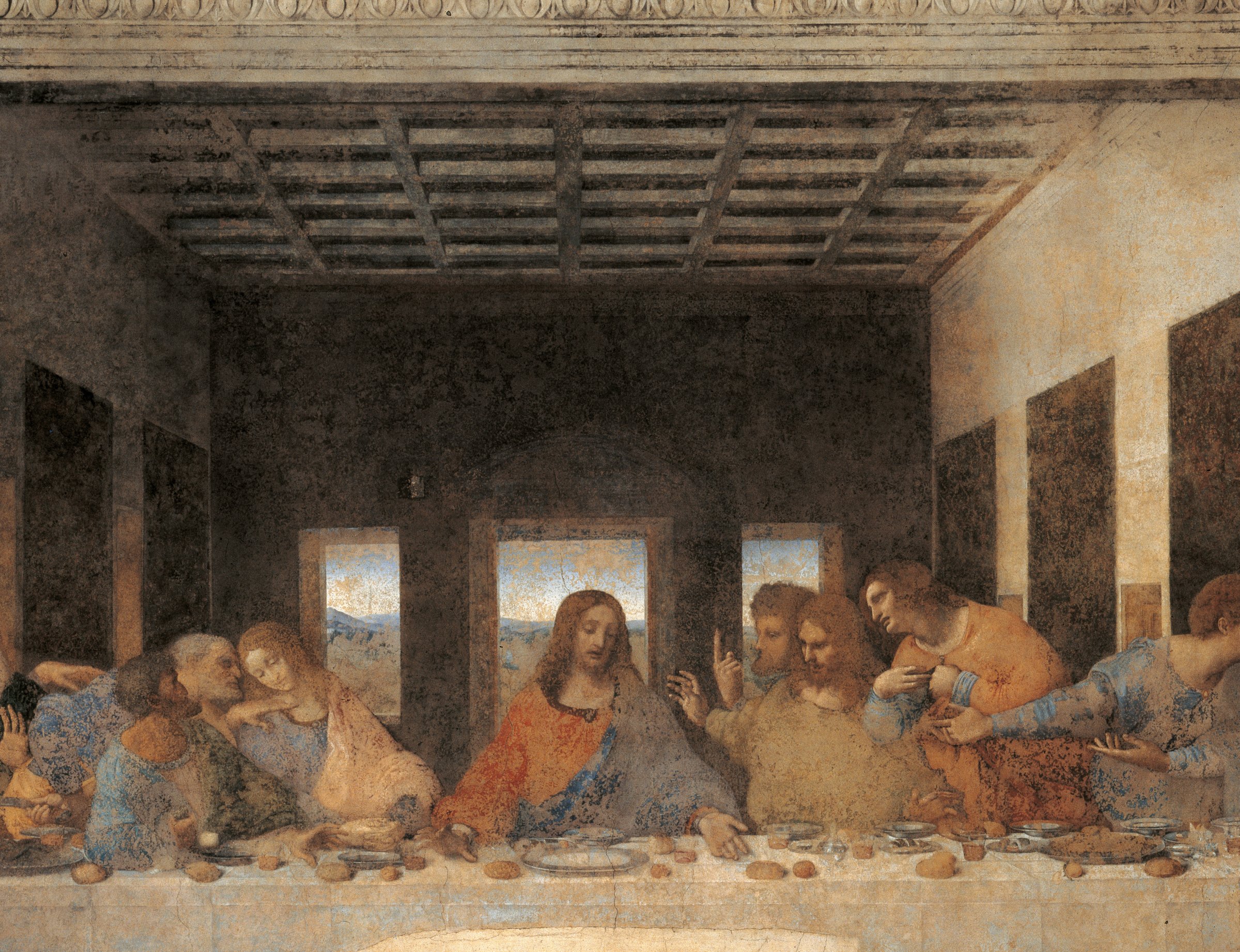 The Last Supper, by Leonardo da Vinci, 1495 - 1497 about, 15th Century, tempera and oil on two layers of plaster, cm 460 x 880 .