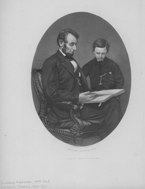Engraved portrait of President Abraham Lincoln and his son Thomas, as Lincoln reads from a large book, circa 1850. (Kean Collection / Getty Images)