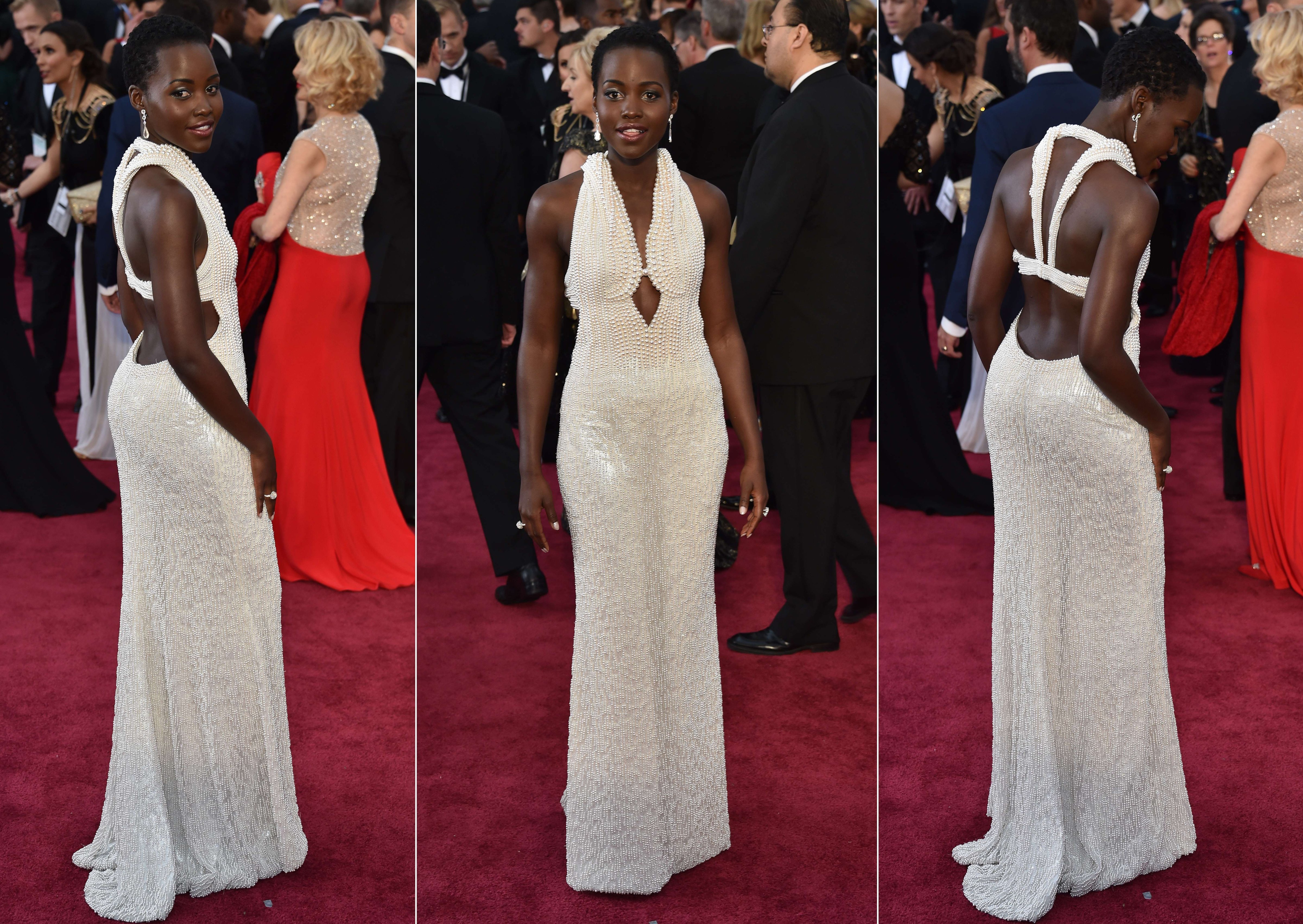 Actress Lupita Nyong'o poses on the red carpet in this combination image for the 87th Oscars on February 22, 2015 in Hollywood, California. (Mladen Antonov—AFP/Getty Images)